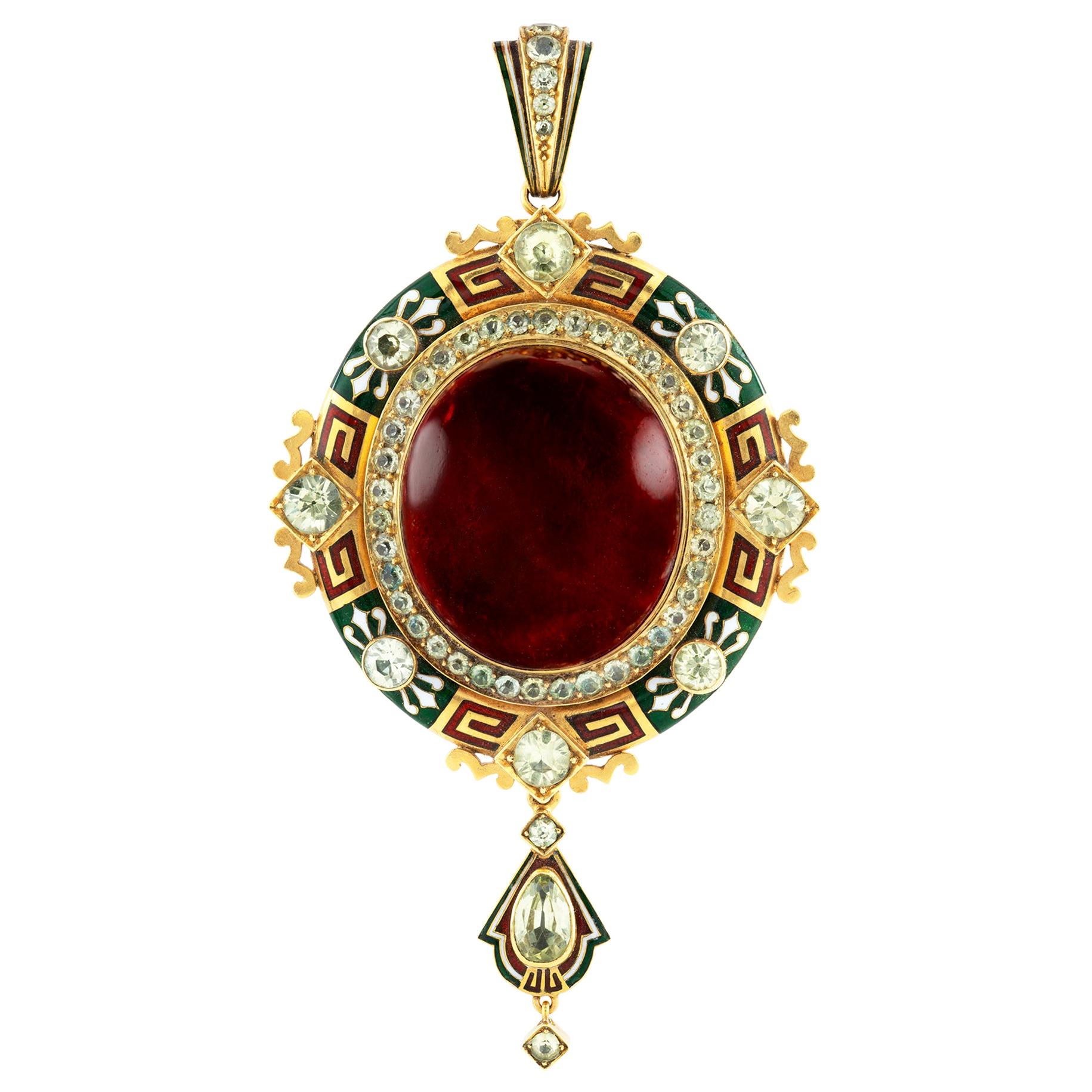 Important Holbeinesque Garnet and Enamel Pendant For Sale