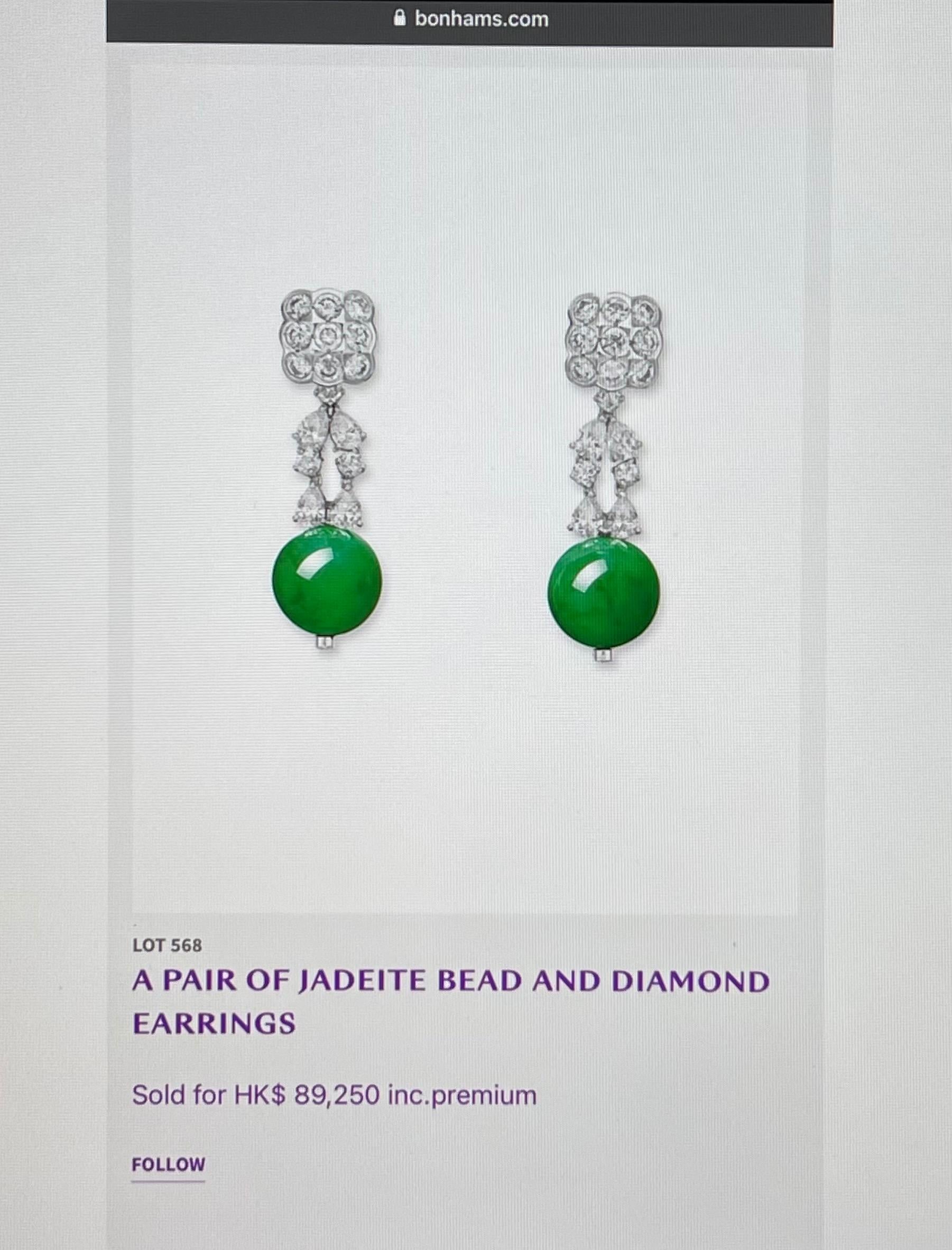 Important Imperial Jade Beads & Diamond Earrings, Collector's Imperial Green For Sale 12
