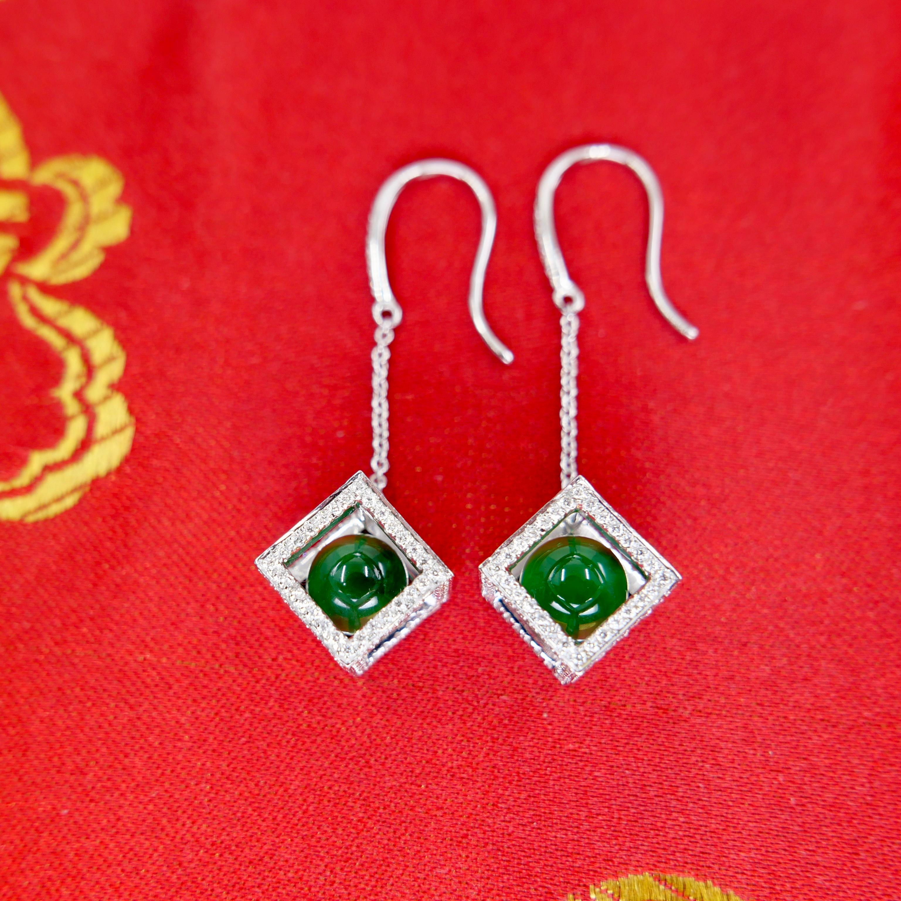 Important Imperial Jade Beads & Diamond Earrings, Collector's Imperial Green In New Condition For Sale In Hong Kong, HK