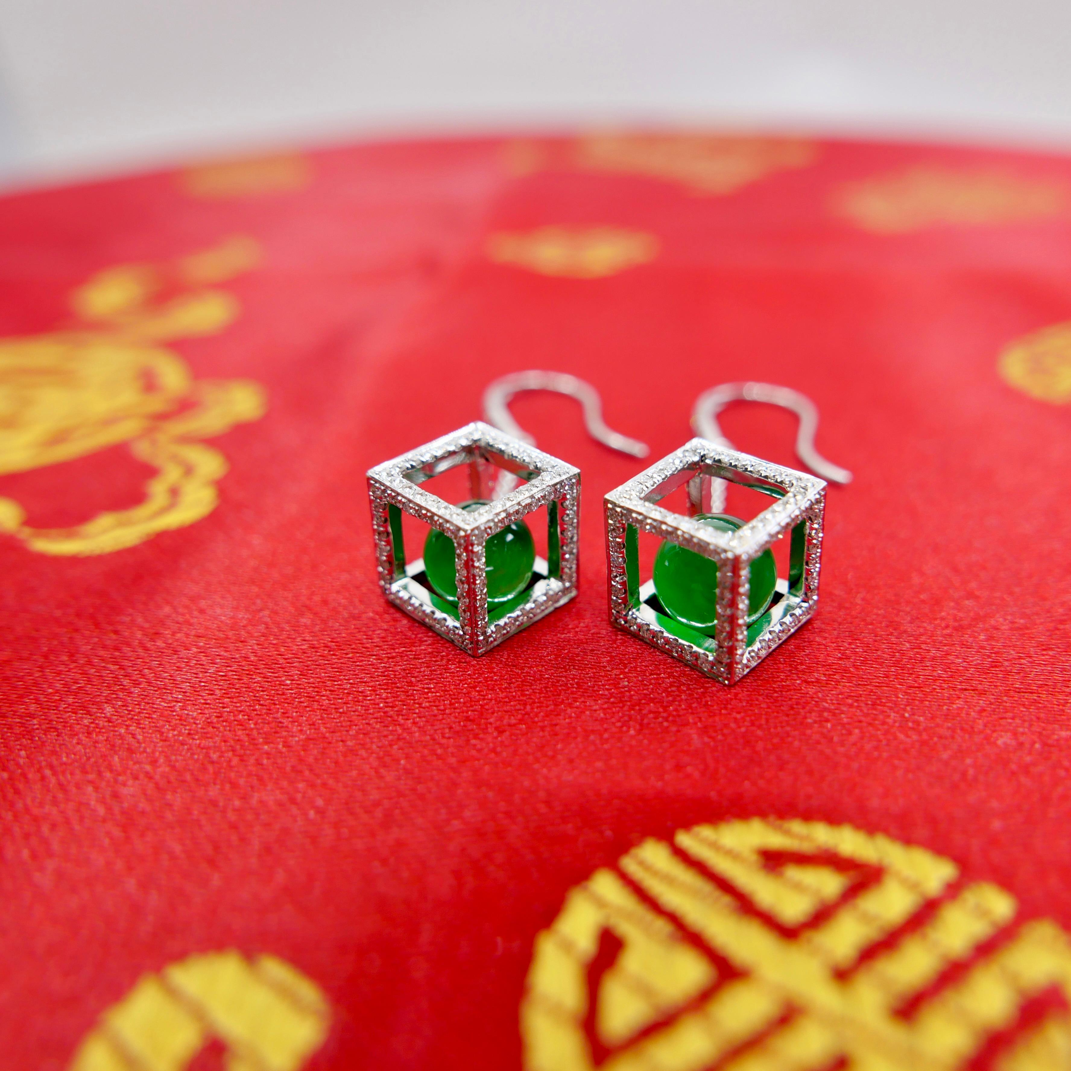 Important Imperial Jade Beads & Diamond Earrings, Collector's Imperial Green For Sale 2