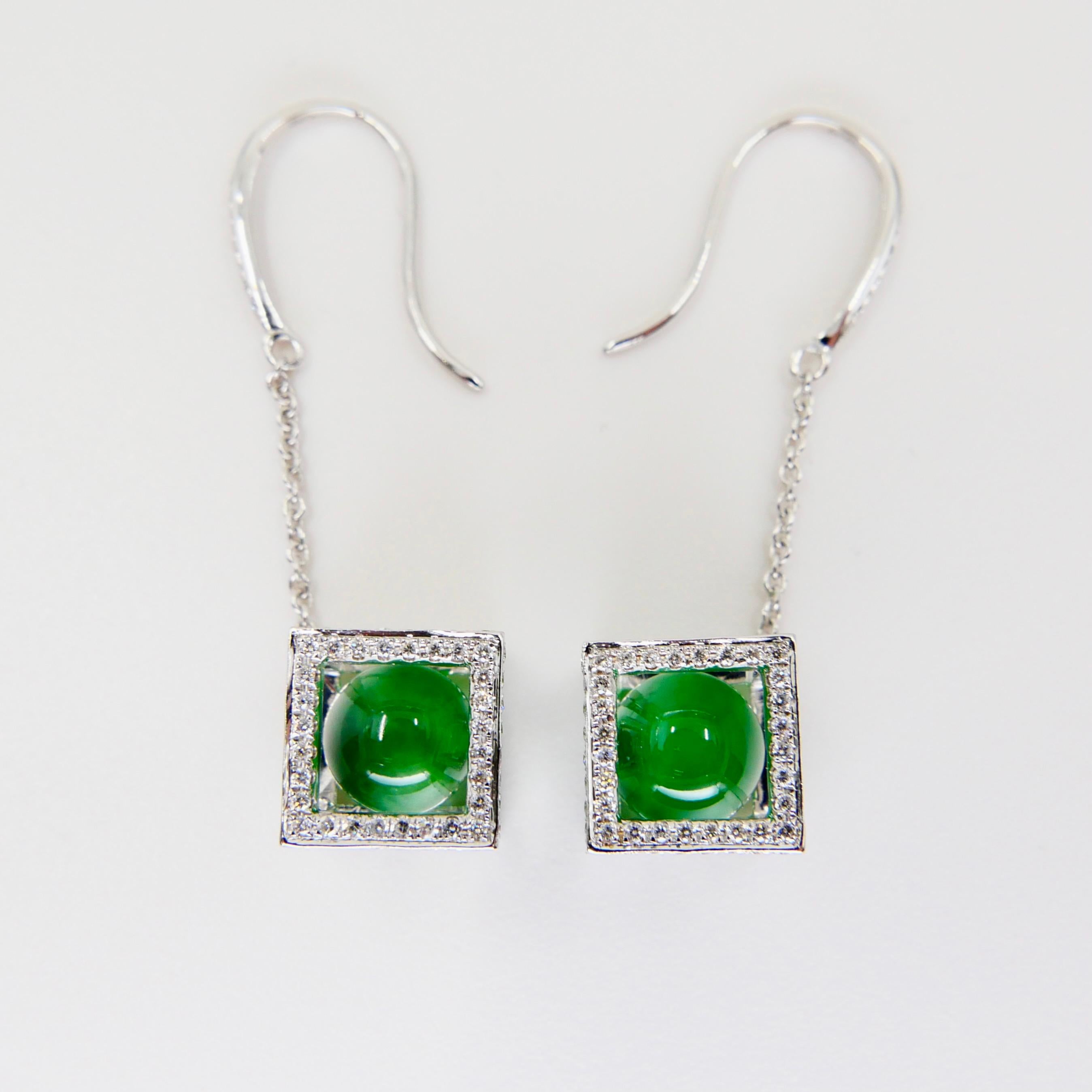 Rough Cut Important Imperial Jade Beads & Diamond Earrings, Collector's Imperial Green For Sale