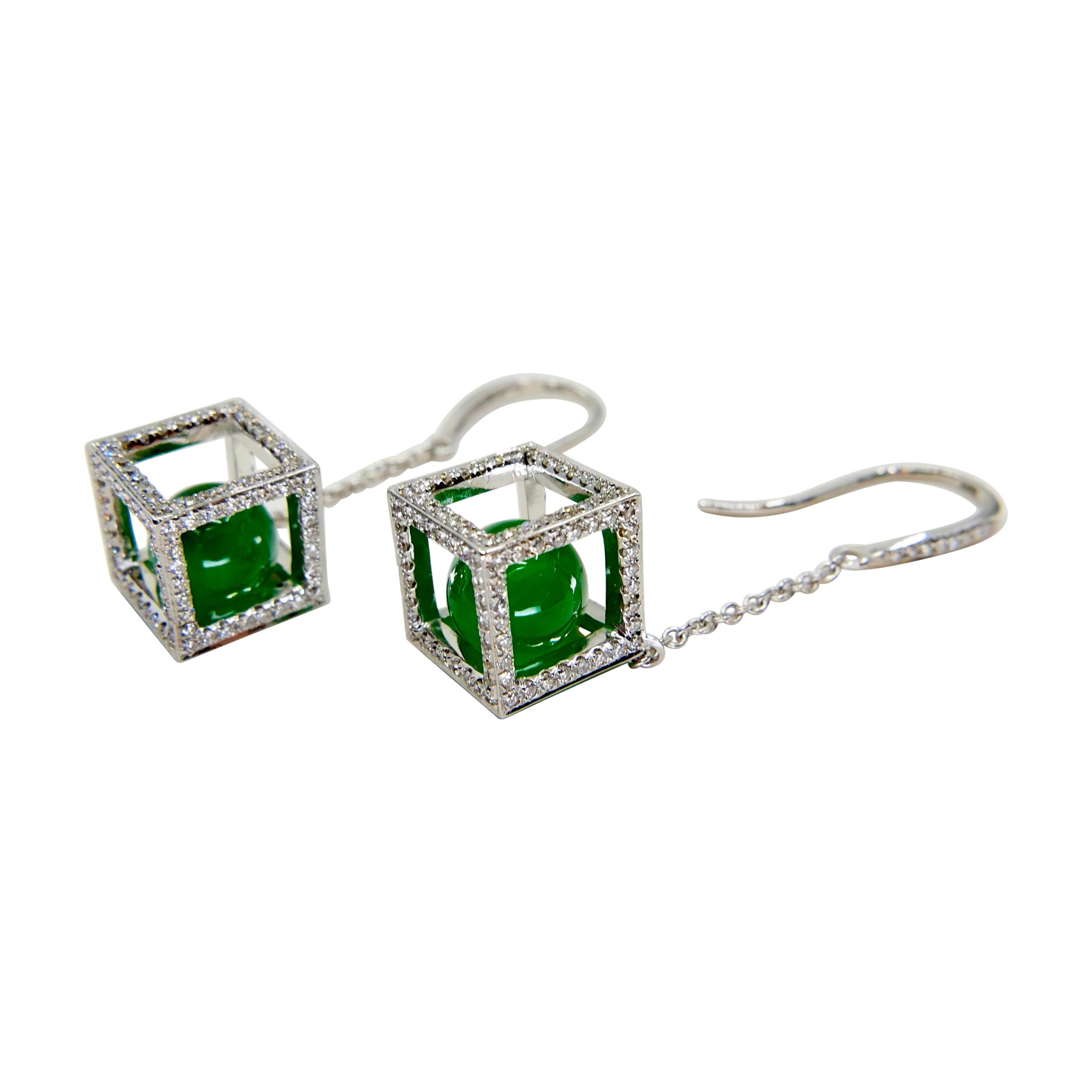 Important Imperial Jade Beads & Diamond Earrings, Collector's Imperial Green For Sale