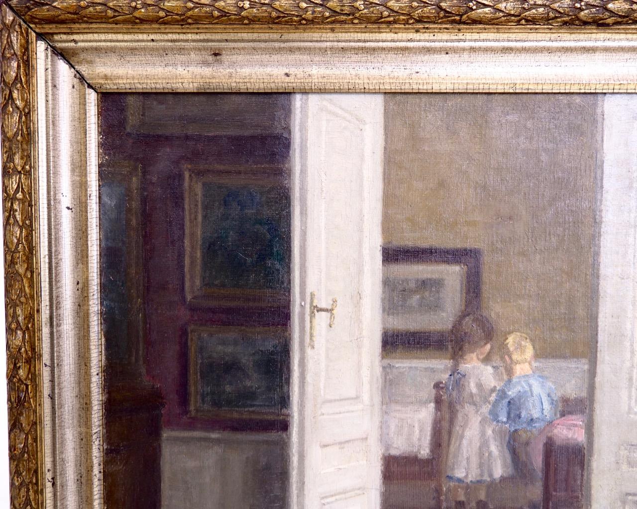 Important interior painting of boy and girl, style of Wilhelms Hammershøj. Unreadable signature, oil on canvas.
Measures: H. 53 W. 47 cm 
H. 20.8 W. 18.5 in.