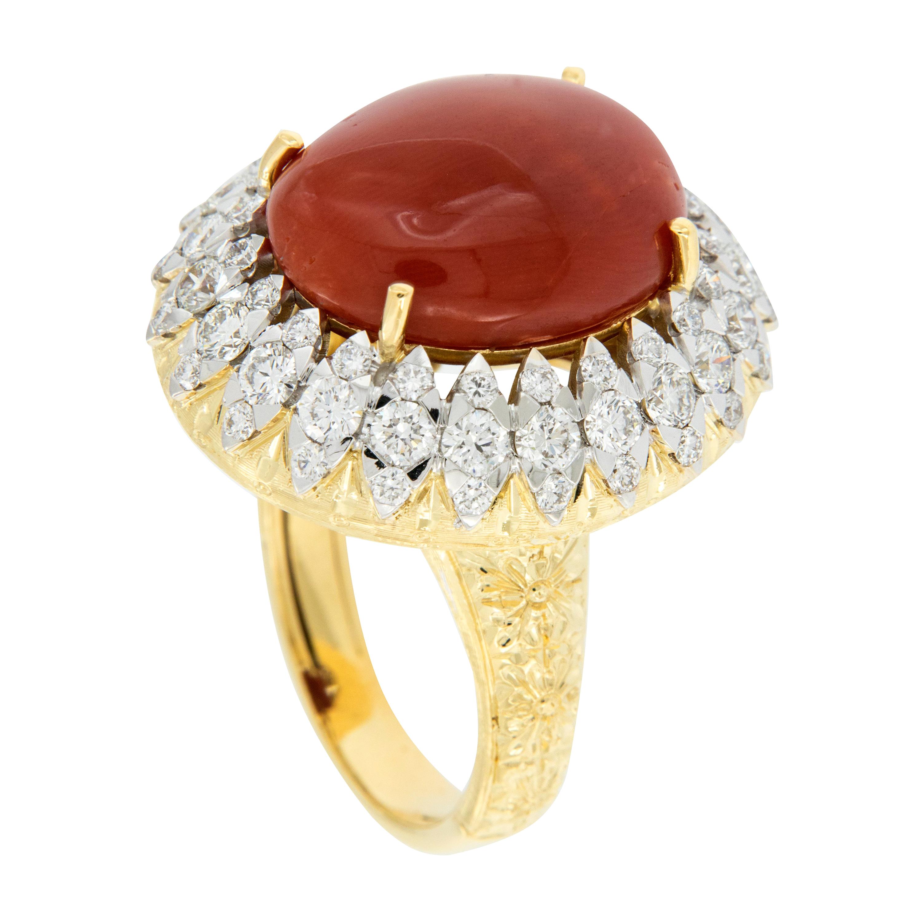Important Italian 18 Karat Gold Coral and Diamond Ring