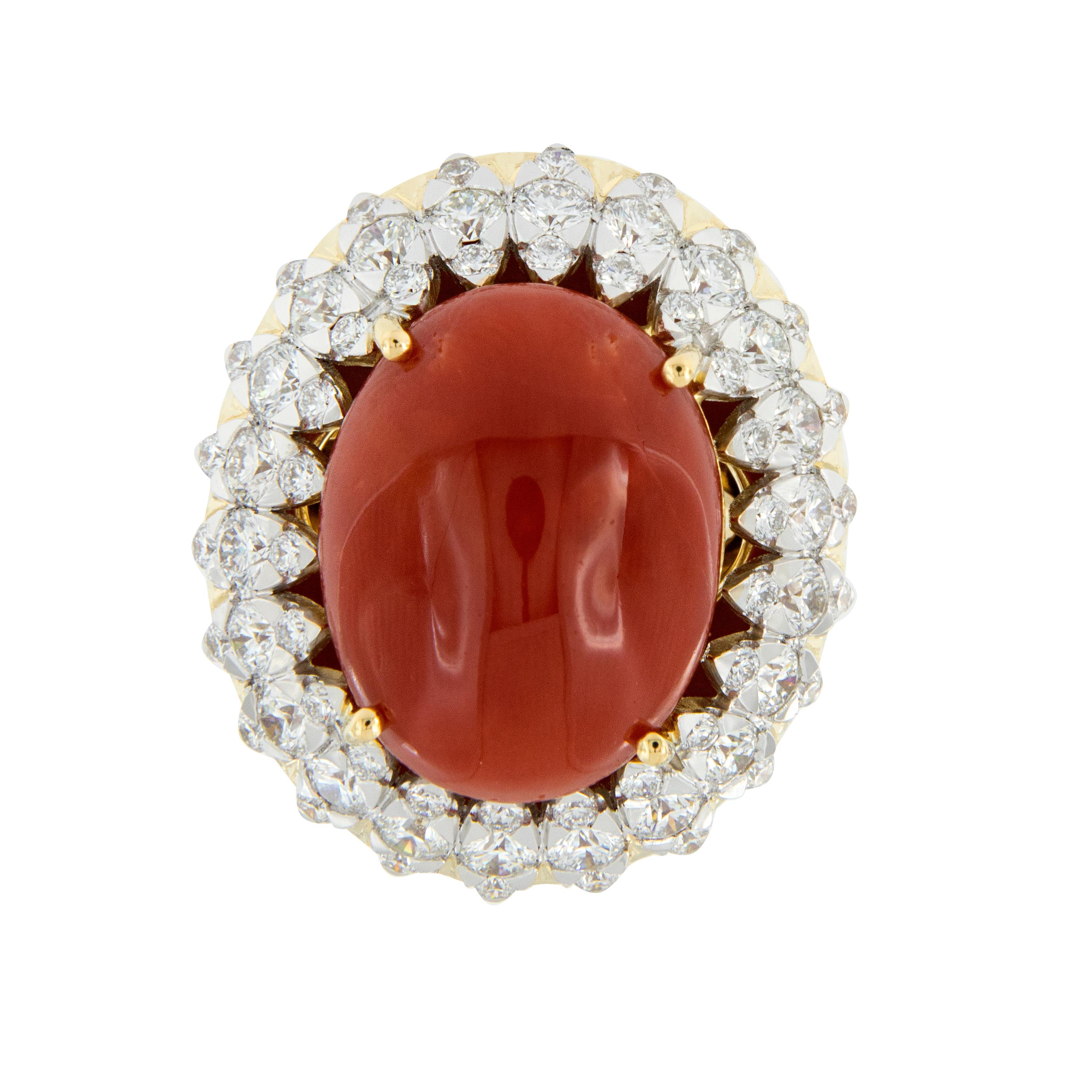 Rare & untreated, fine Mediterranean Oxblood coral is the center of this magnificent ring! Made in Italy of 18 karat yellow & white gold with oval cabochon coral = 1.9 grams & 2.11 Cttw diamonds of VS clarity & F-G color. There isn't a spot on this