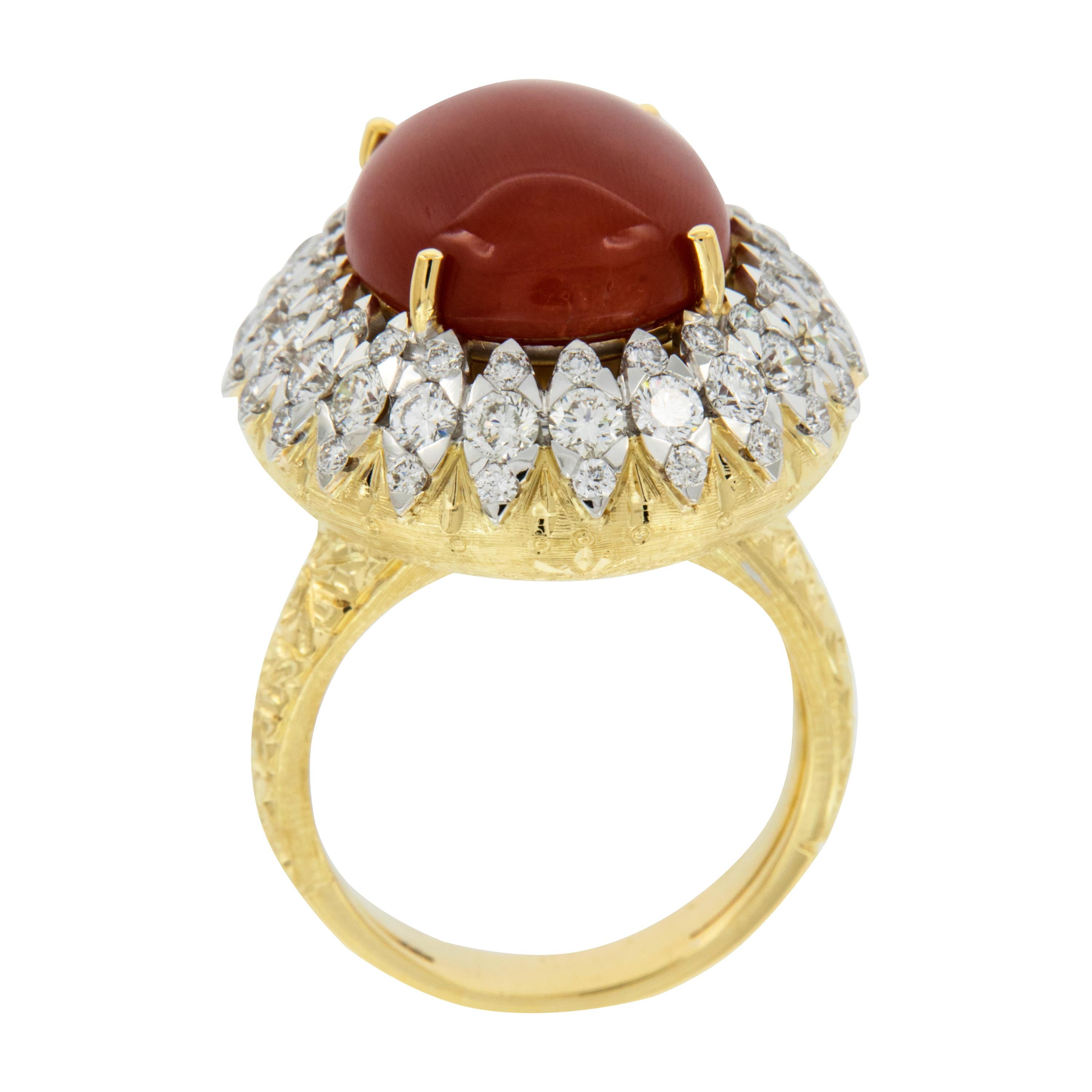 Oval Cut Important Italian 18 Karat Gold Coral and Diamond Ring