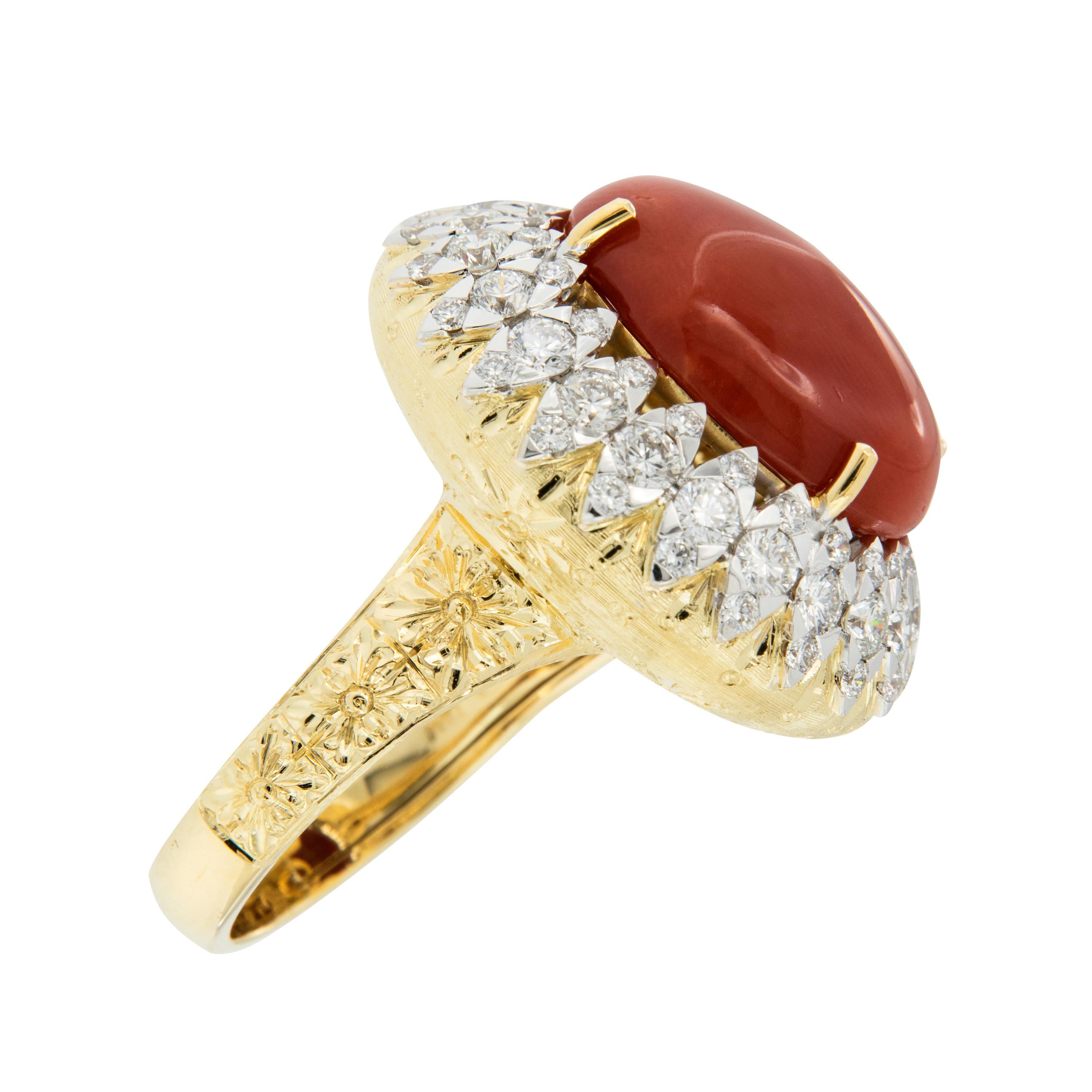 Important Italian 18 Karat Gold Coral and Diamond Ring In New Condition In Troy, MI