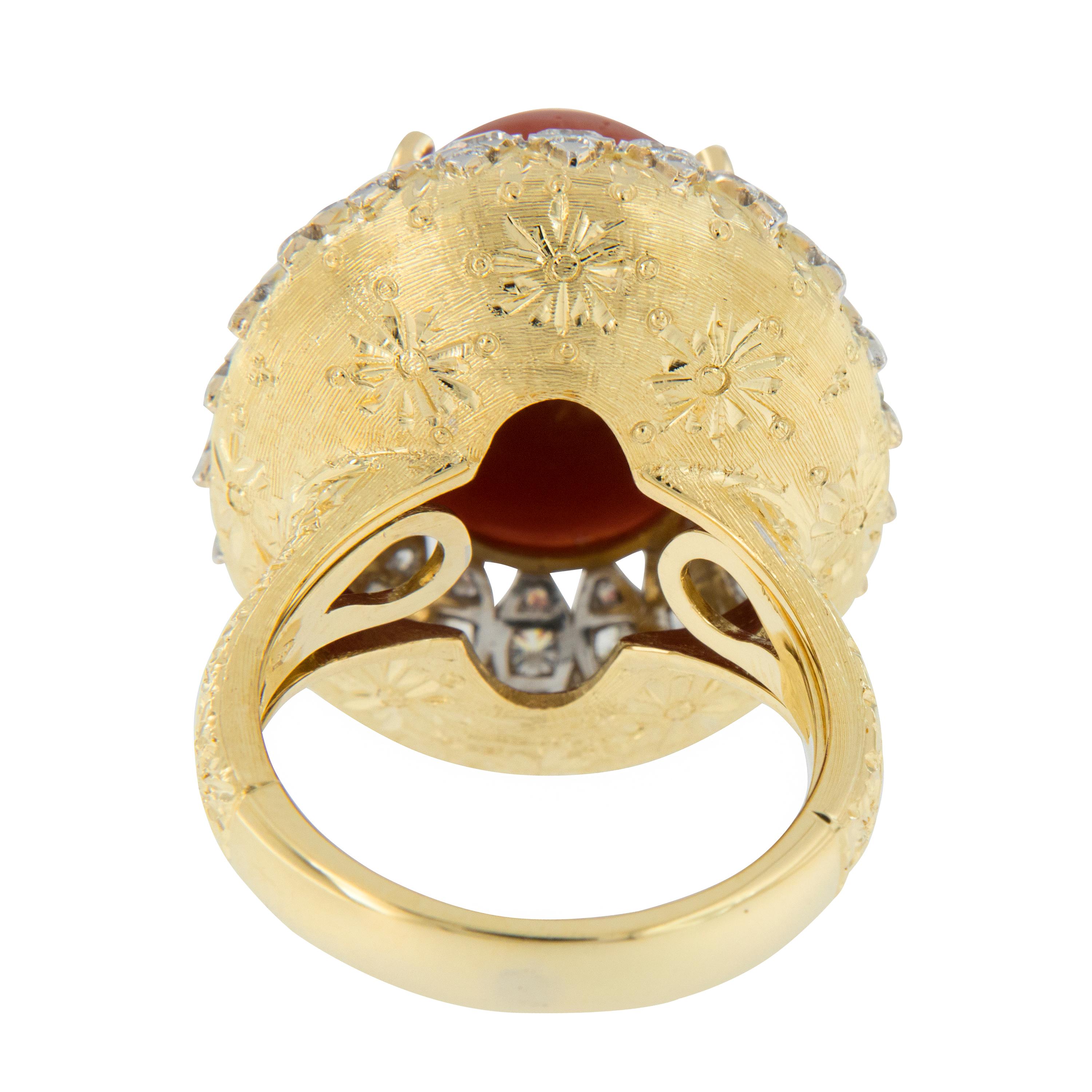 Women's or Men's Important Italian 18 Karat Gold Coral and Diamond Ring