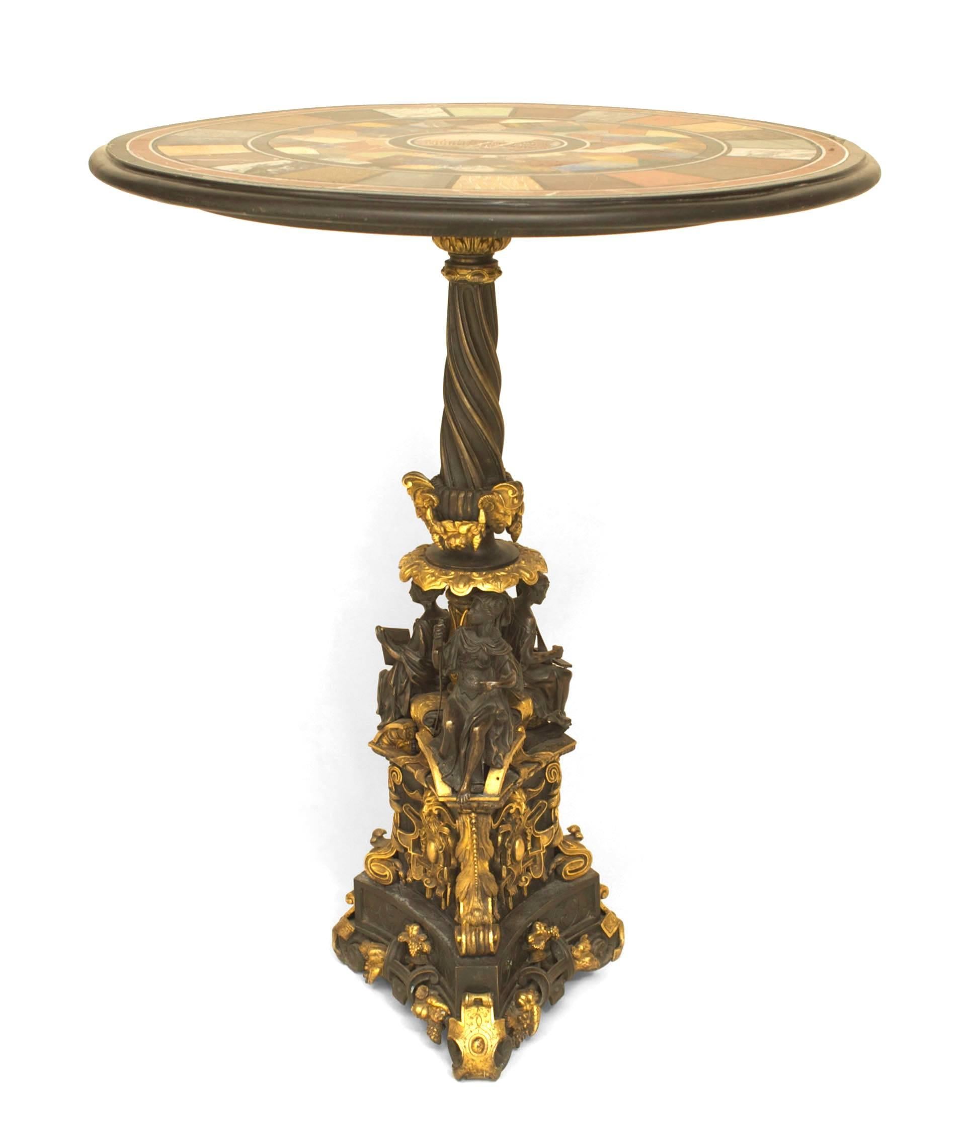 Italian Neo-classic (Late 19th Century) round specimen marble and micro-mosaic centered top on a Renaissance Revival triangular shaped parcel gilt & patinated bronze base with figures an floral design.
