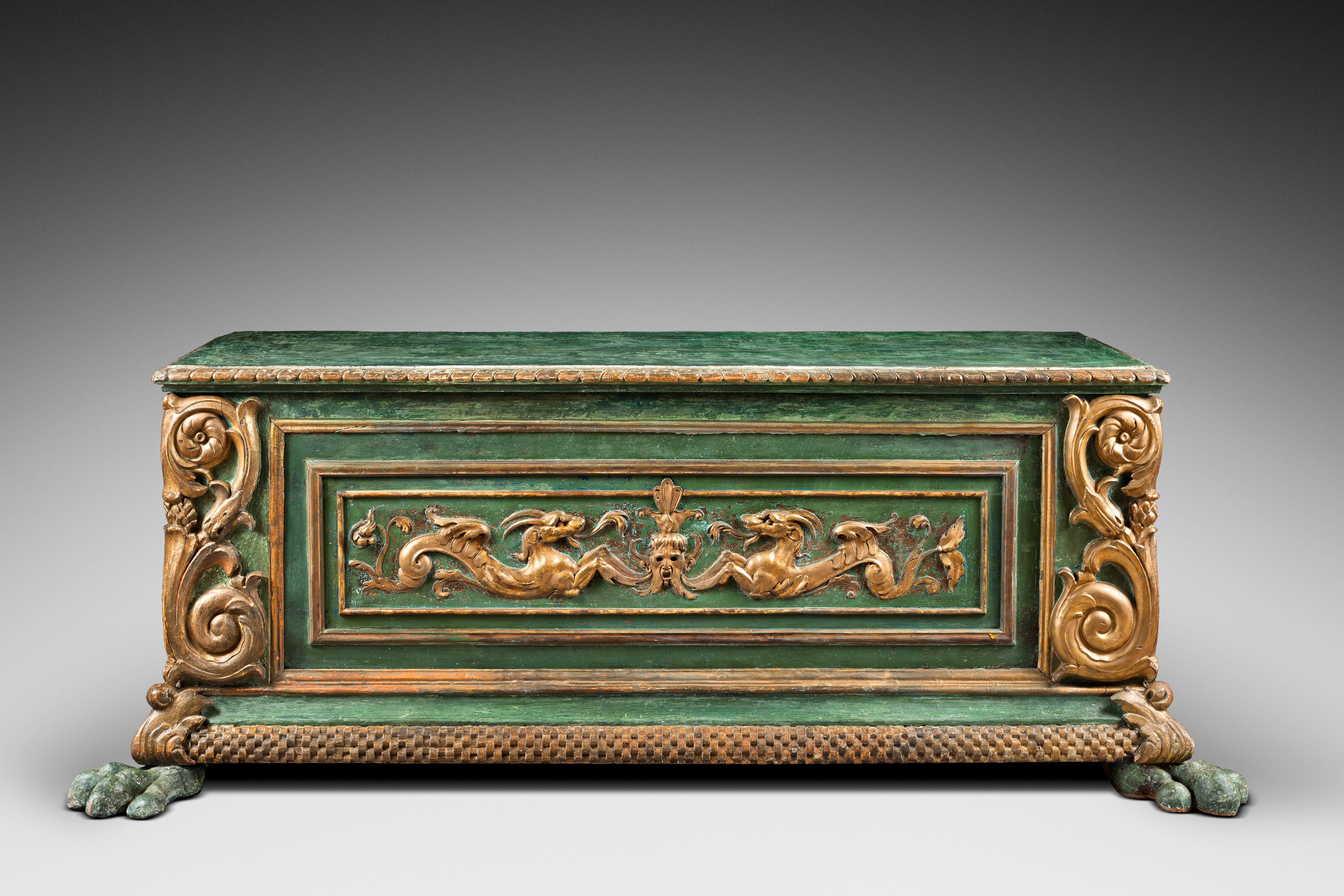 18th Century and Earlier Important Italian Renaissance Polychrome Chest with Coat-of-Arms For Sale