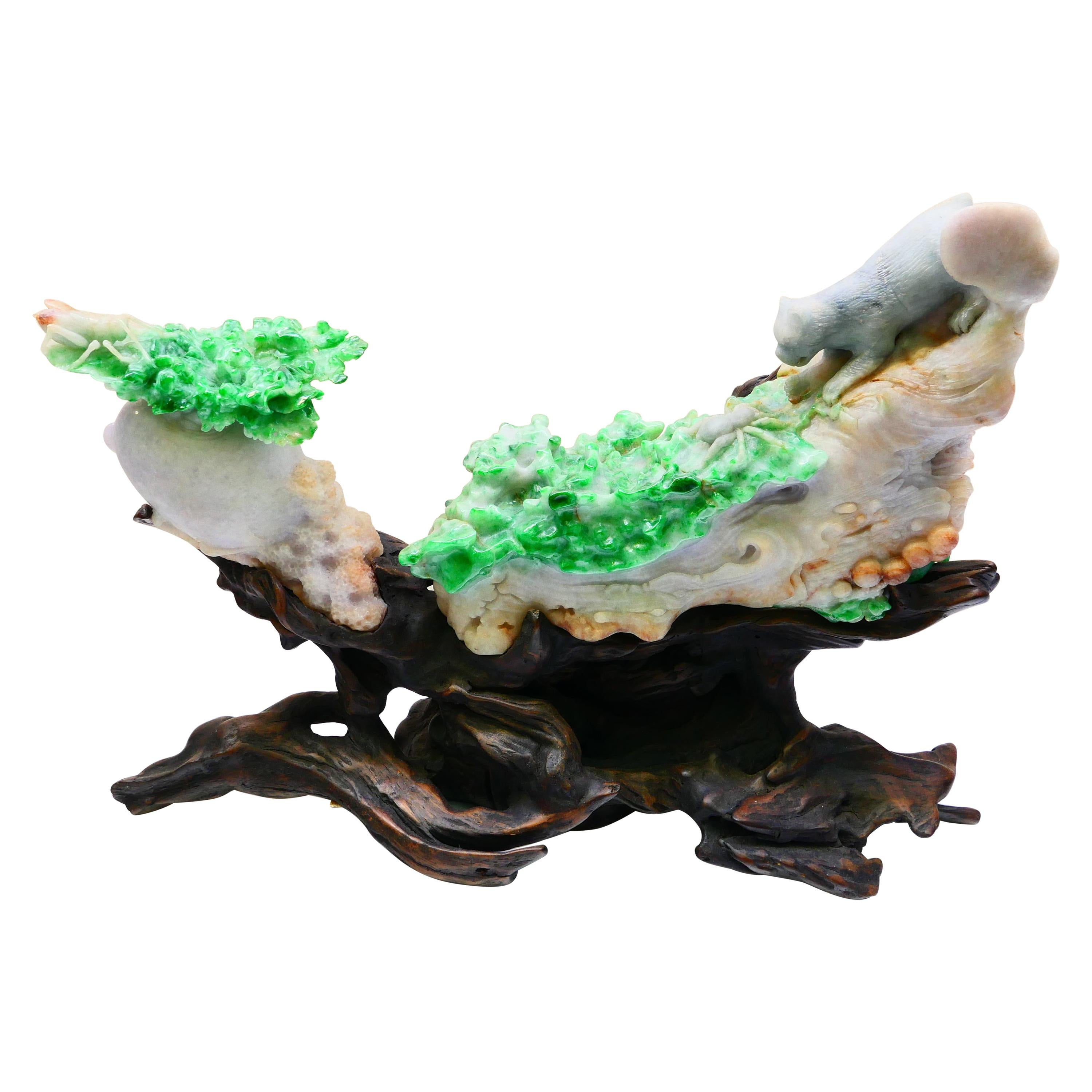 Important Jadeite Jade Decoration, Titled Survival of the Fittest, circa 1930 For Sale