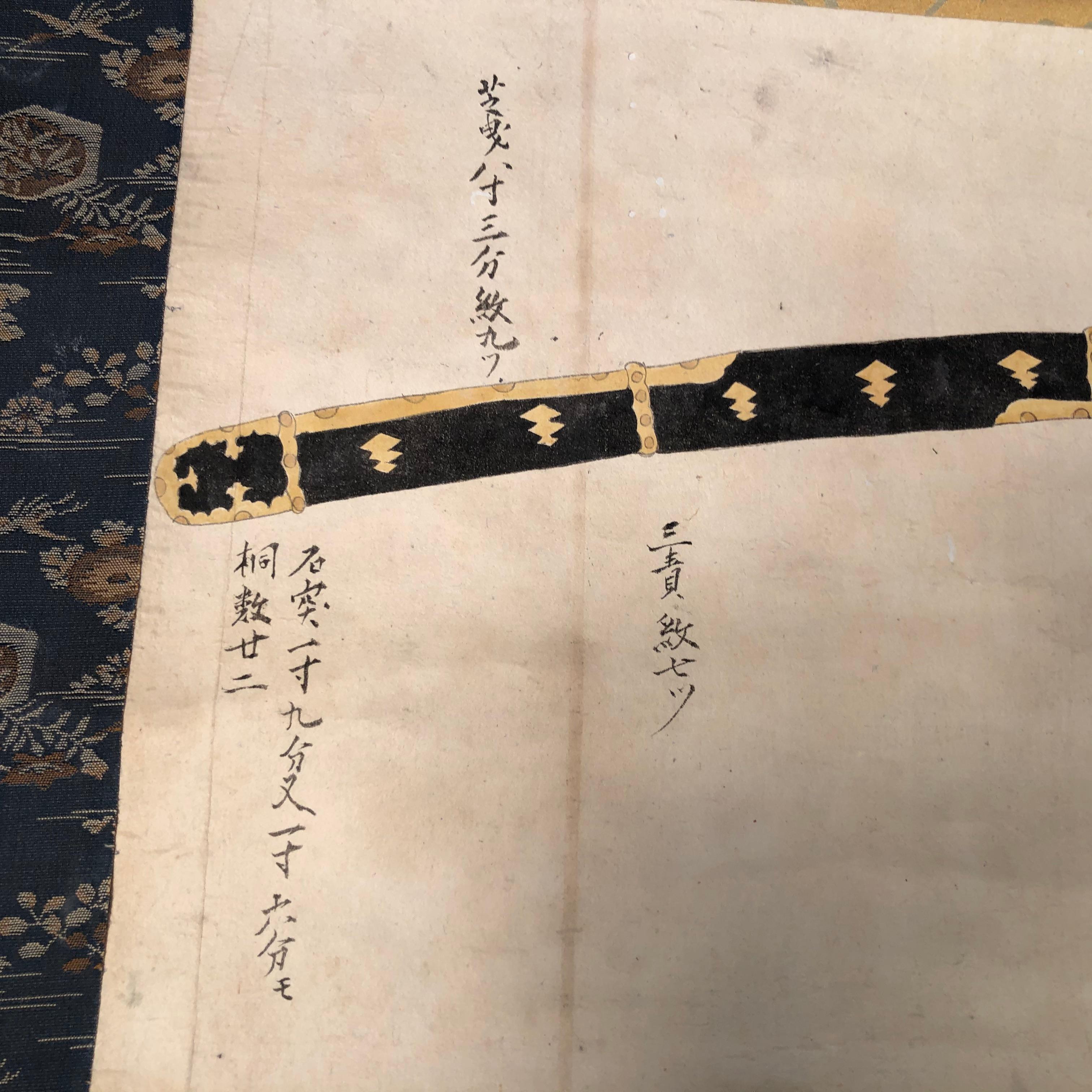 Japan Antique Samurai Sword Hand Painted Scroll Brilliant Blue Colors 5