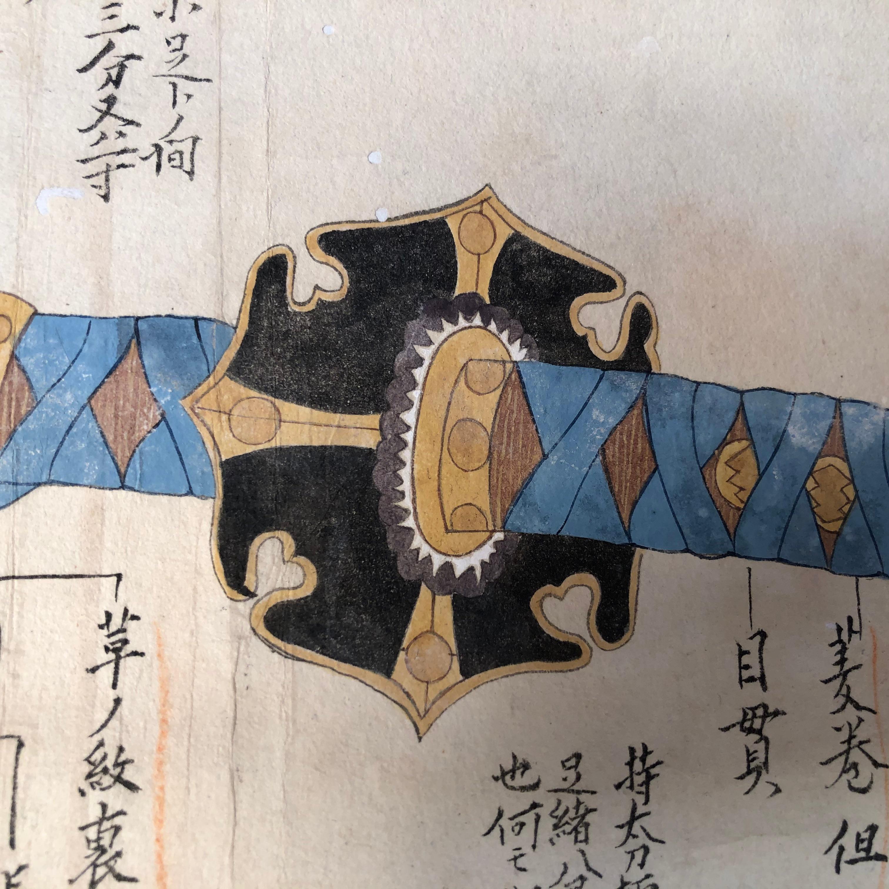 Japan Antique Samurai Sword Hand Painted Scroll Brilliant Blue Colors In Good Condition In South Burlington, VT
