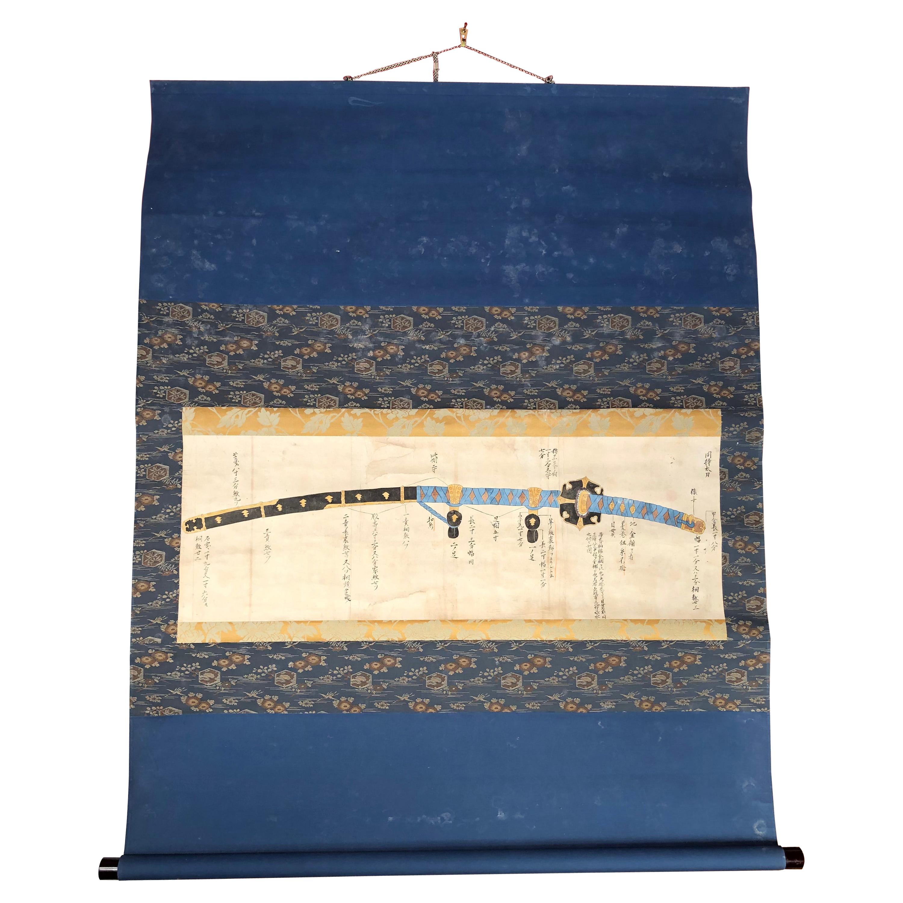 Japan Antique Samurai Sword Hand Painted Scroll Brilliant Blue Colors
