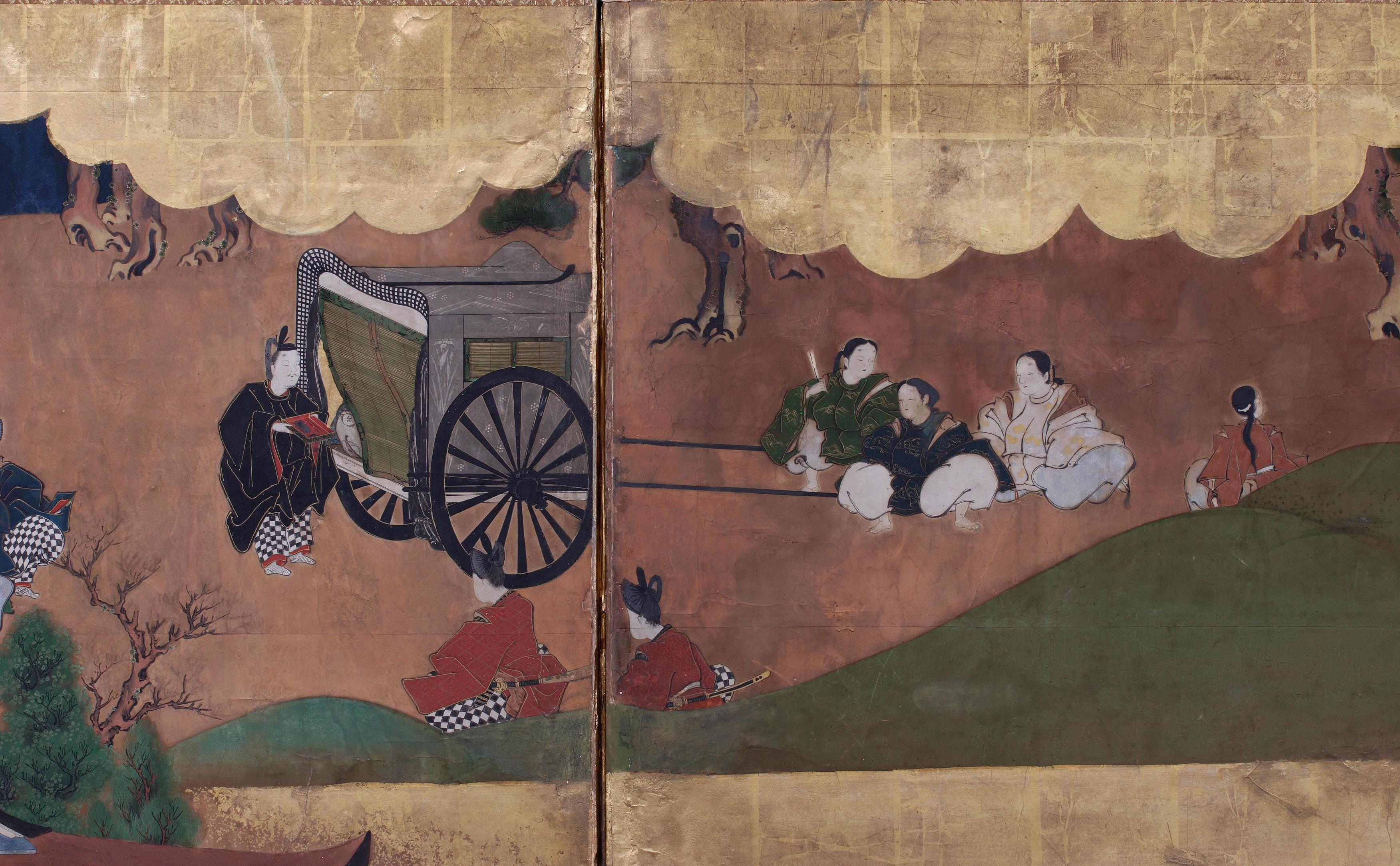 Edo Important Japanese six-fold screen depicting The Tale of The Genji, 17th century For Sale