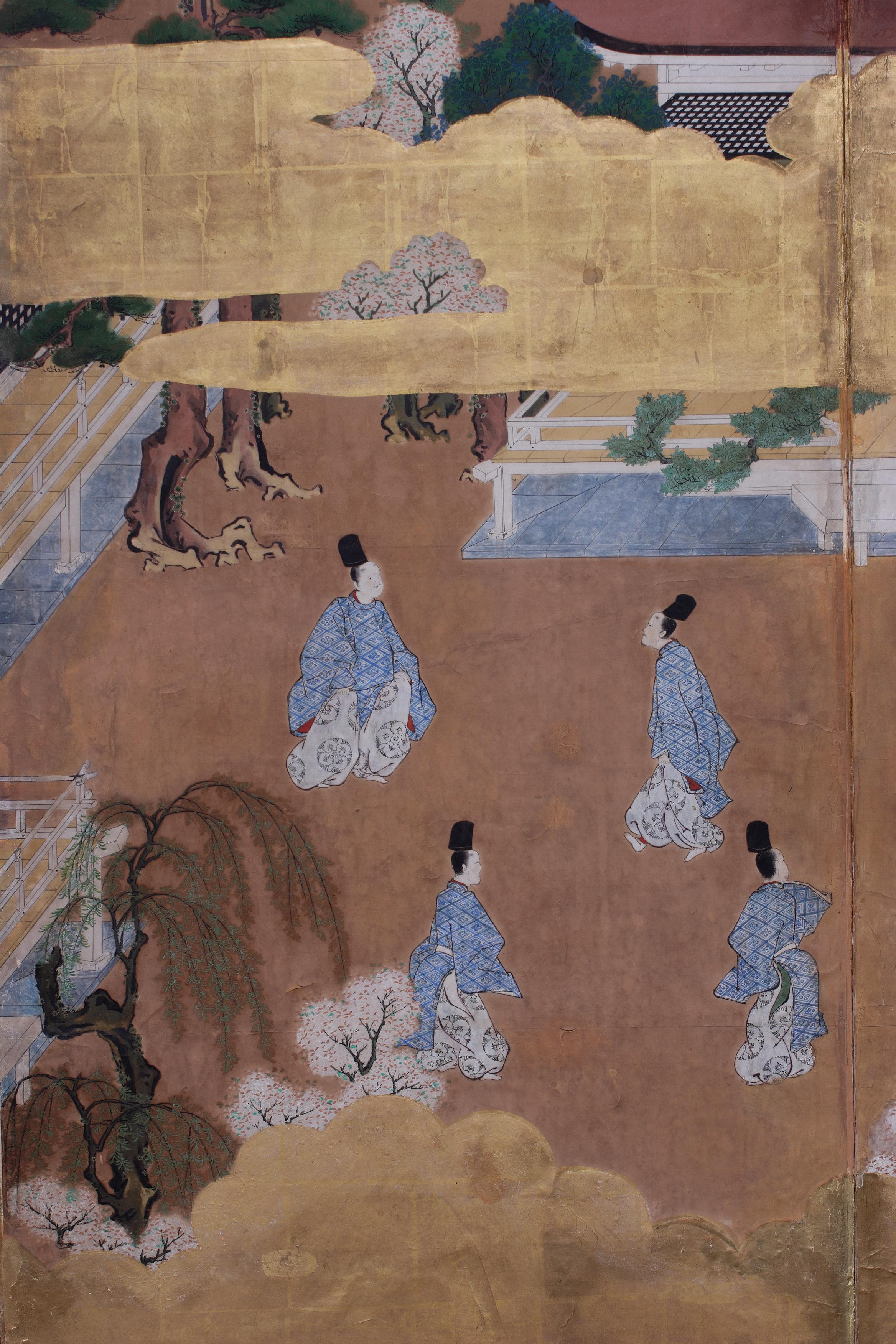 Gilt Important Japanese six-fold screen depicting The Tale of The Genji, 17th century For Sale
