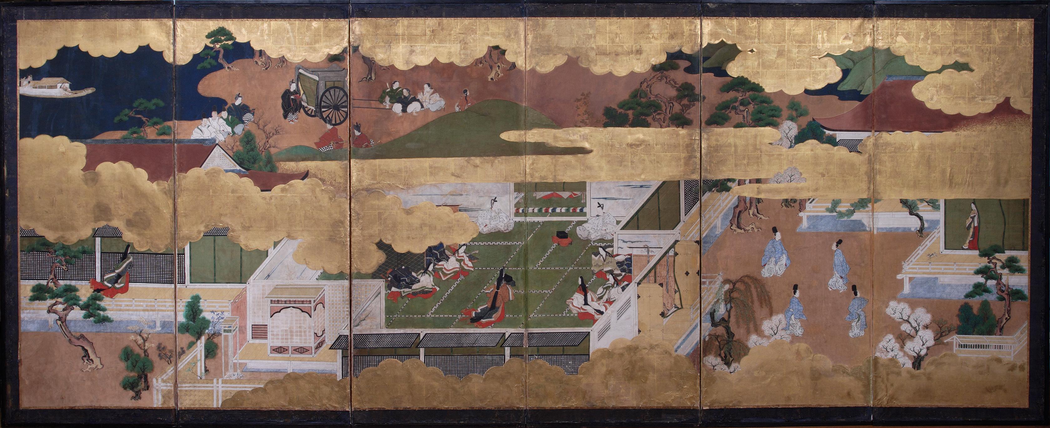 An important Japanese six-fold screen, depicting episodes from The Tale of The Genji

Edo period, 17th century

Ink and colour on gilded paper, H. 155 x W. 380 cm 

The Tale of Genji was a popular subject for narrative illustration throughout the