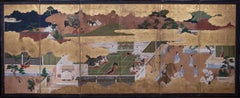 Important Japanese six-fold screen depicting The Tale of The Genji, 17th century
