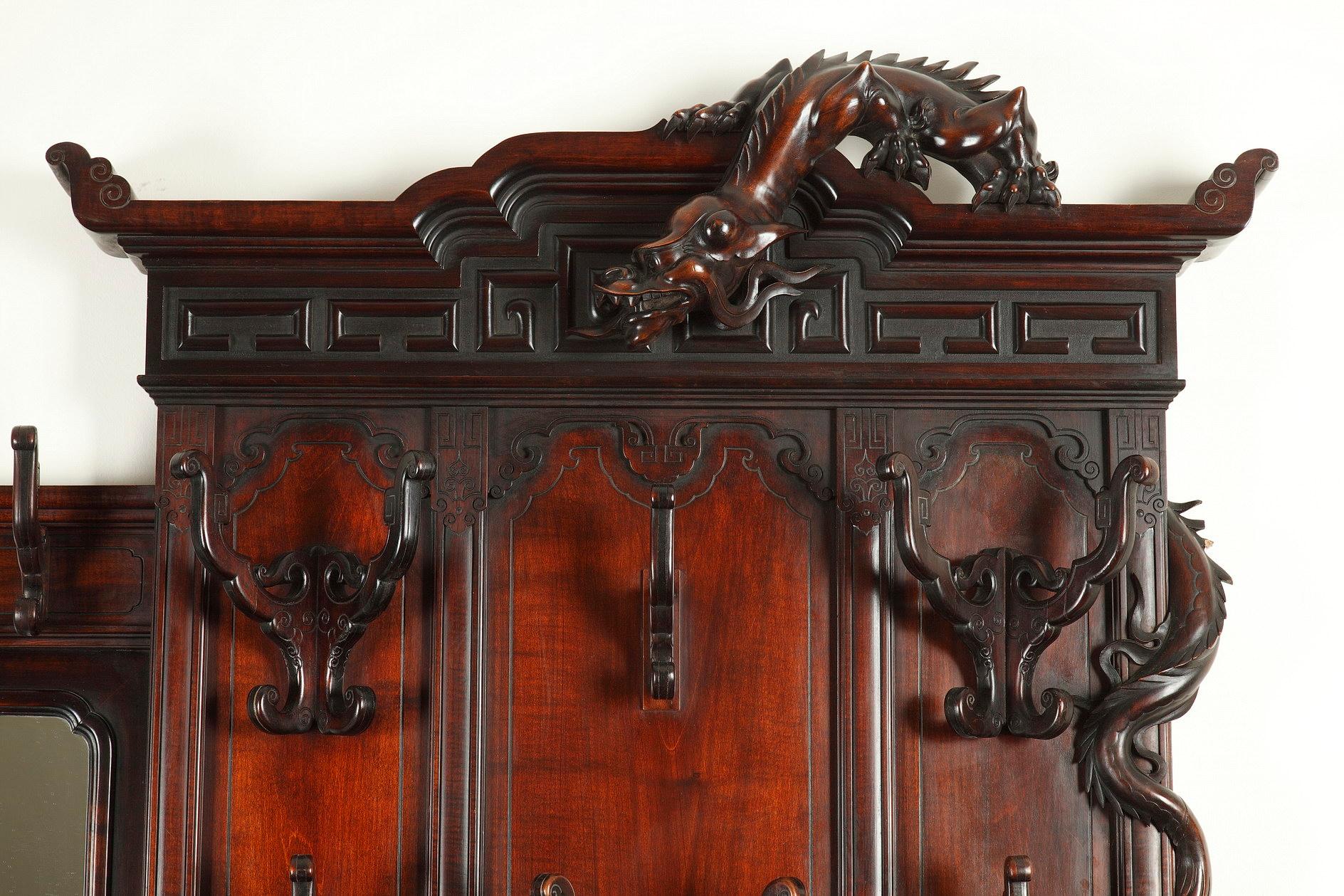 French Japanese Style Carved Wood Coat Hanger by G. Viardot, France, Circa 1880