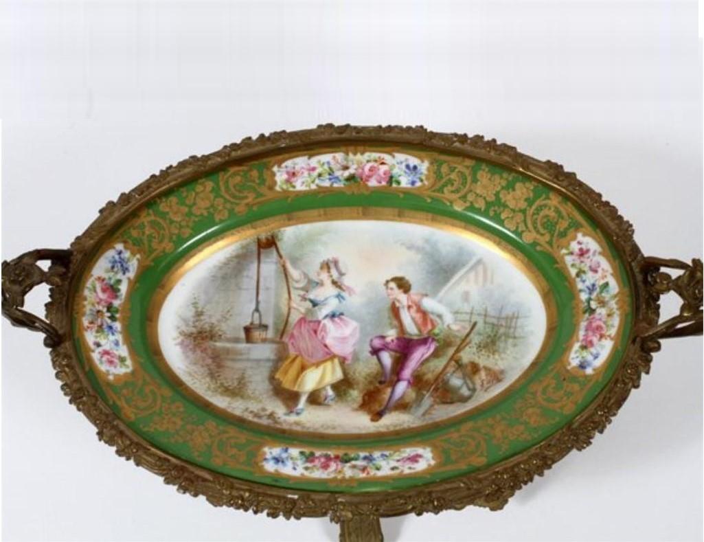 Important Large 19th Century Sevres Style Green Porcelain Bronze Centerpiece In Good Condition In New York, NY