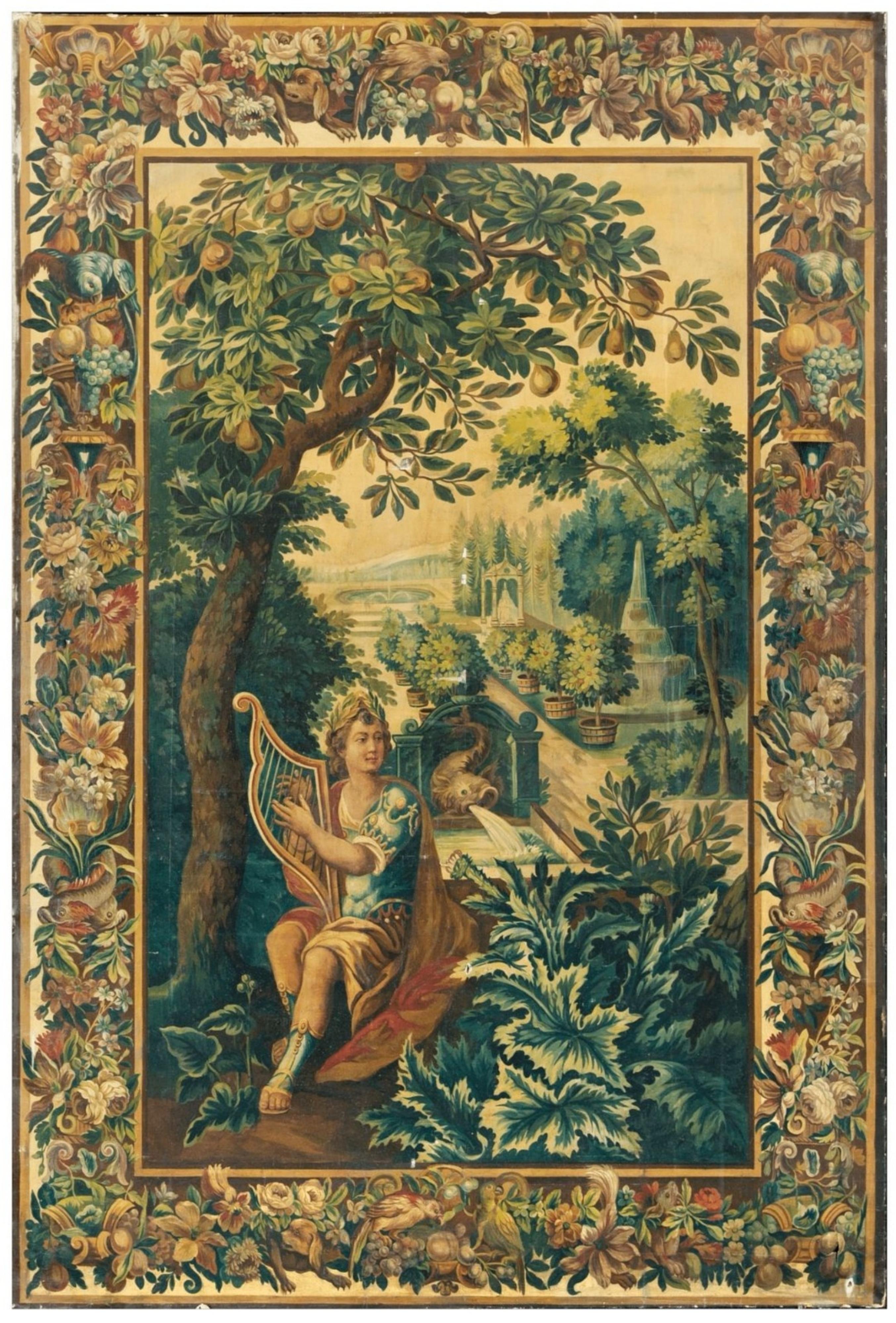 IMPORTANT LARGE PAINTING Venetian School 18th Century

with a mythological subject depicting the God Apollo in the foreground with his lyre in a French garden probably of the palace of Versailles.

The painting is framed by a large border decorated
