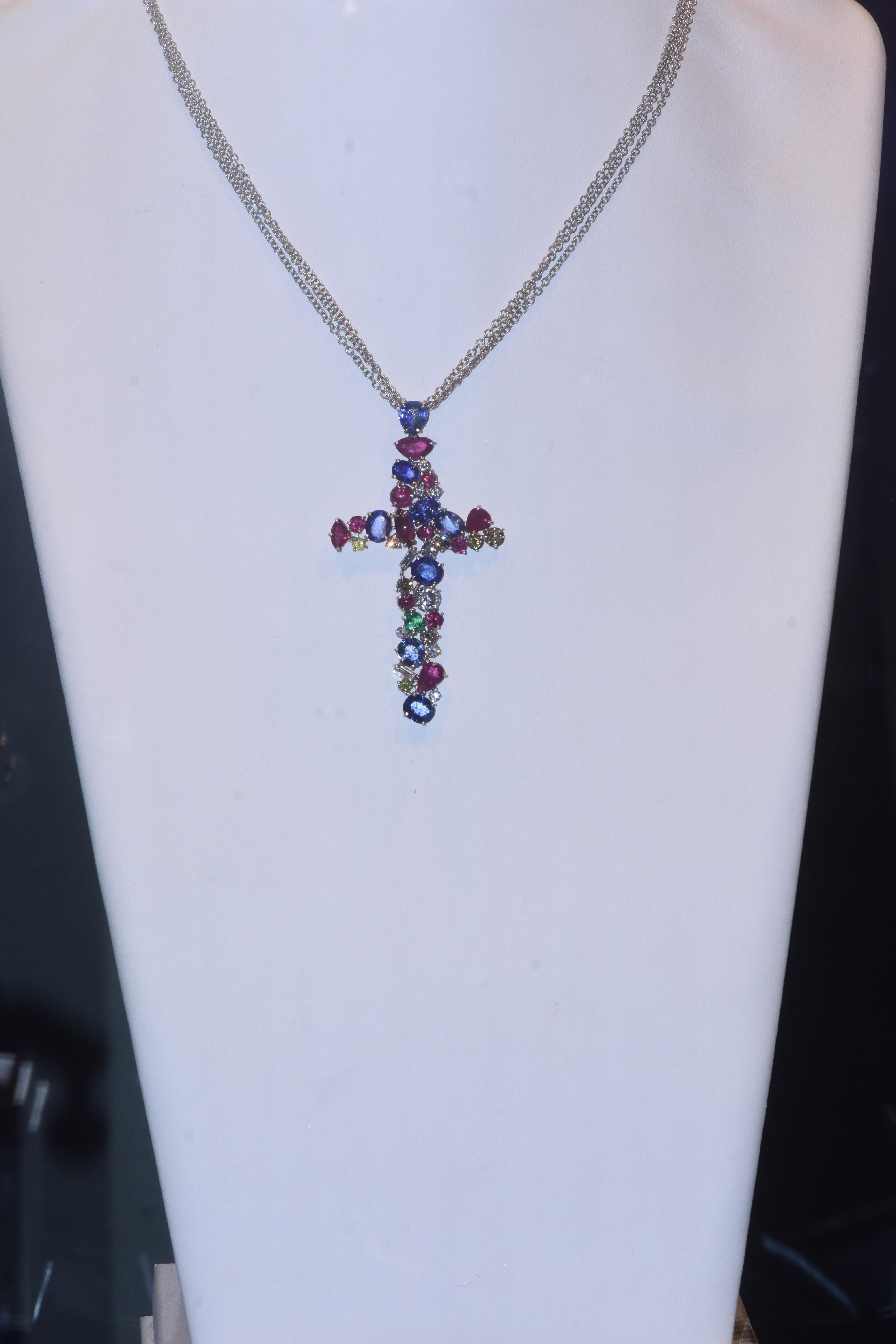 Modern Important Large Sapphire, Diamond, Ruby & Emerald Vintage Cross Pendant, c 1981. For Sale