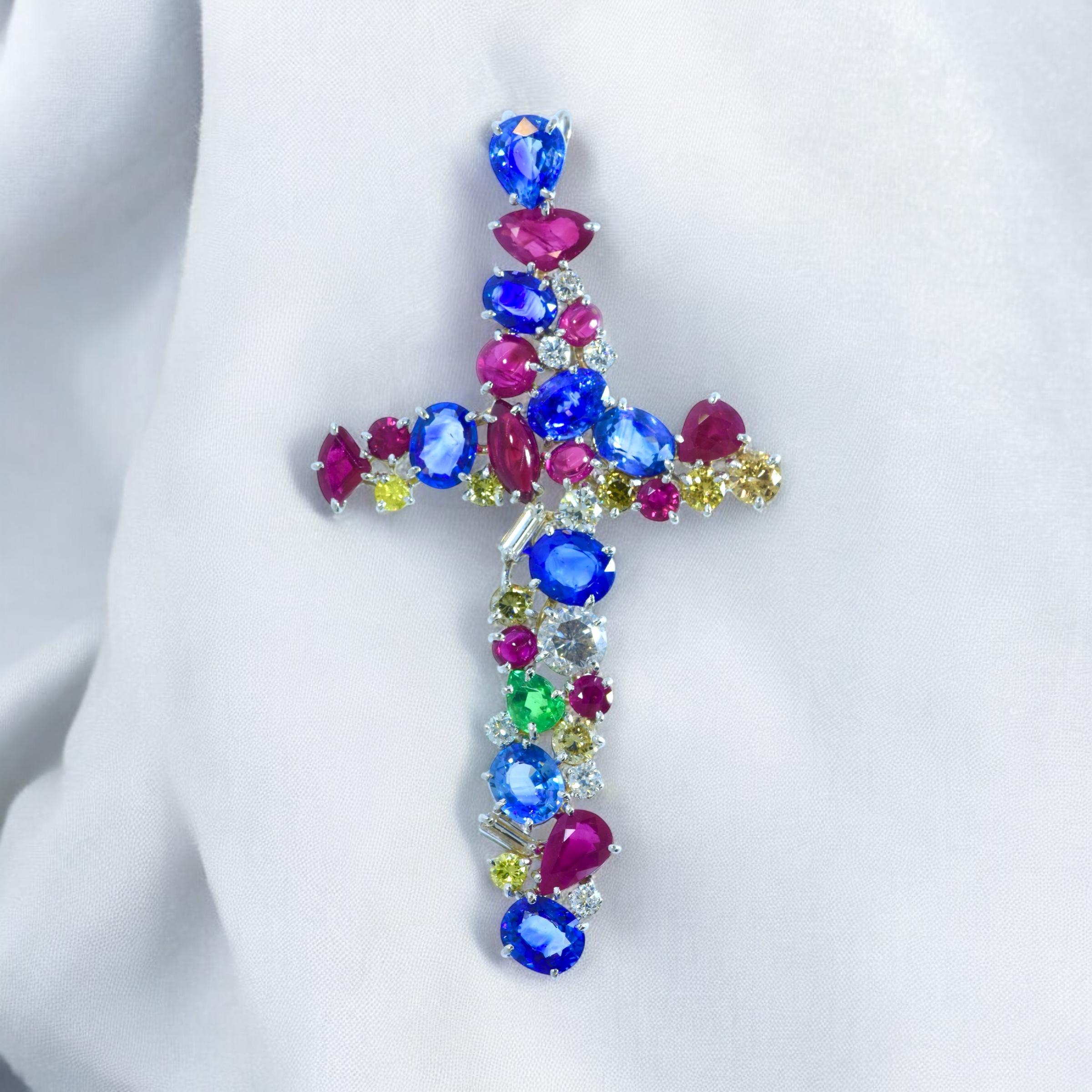 Oval Cut Important Large Sapphire, Diamond, Ruby & Emerald Vintage Cross Pendant, c 1981. For Sale