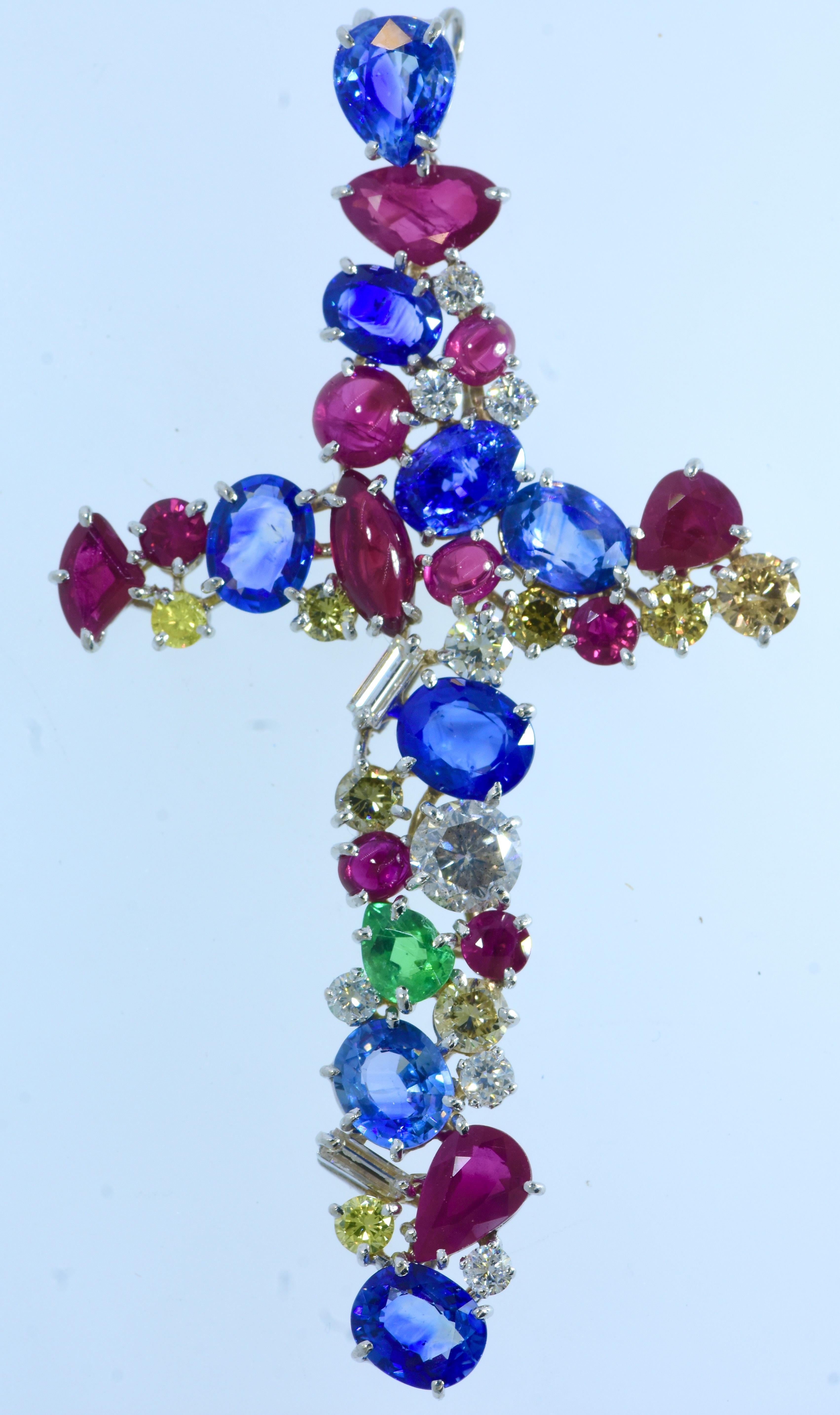 Important Large Sapphire, Diamond, Ruby & Emerald Vintage Cross Pendant, c 1981. In Excellent Condition For Sale In Aspen, CO
