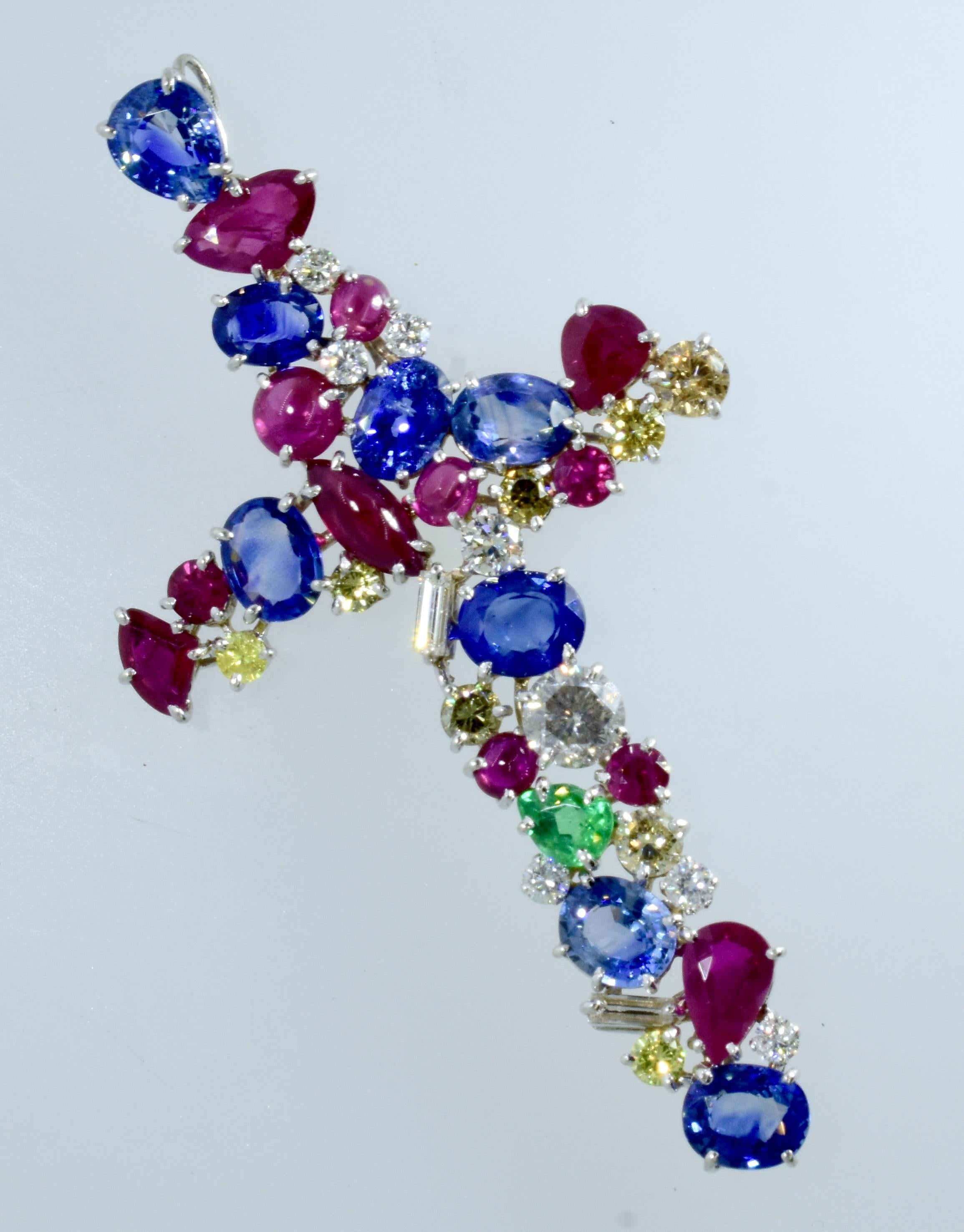 Important Large Sapphire, Diamond, Ruby & Emerald Vintage Cross Pendant, c 1981. For Sale 1