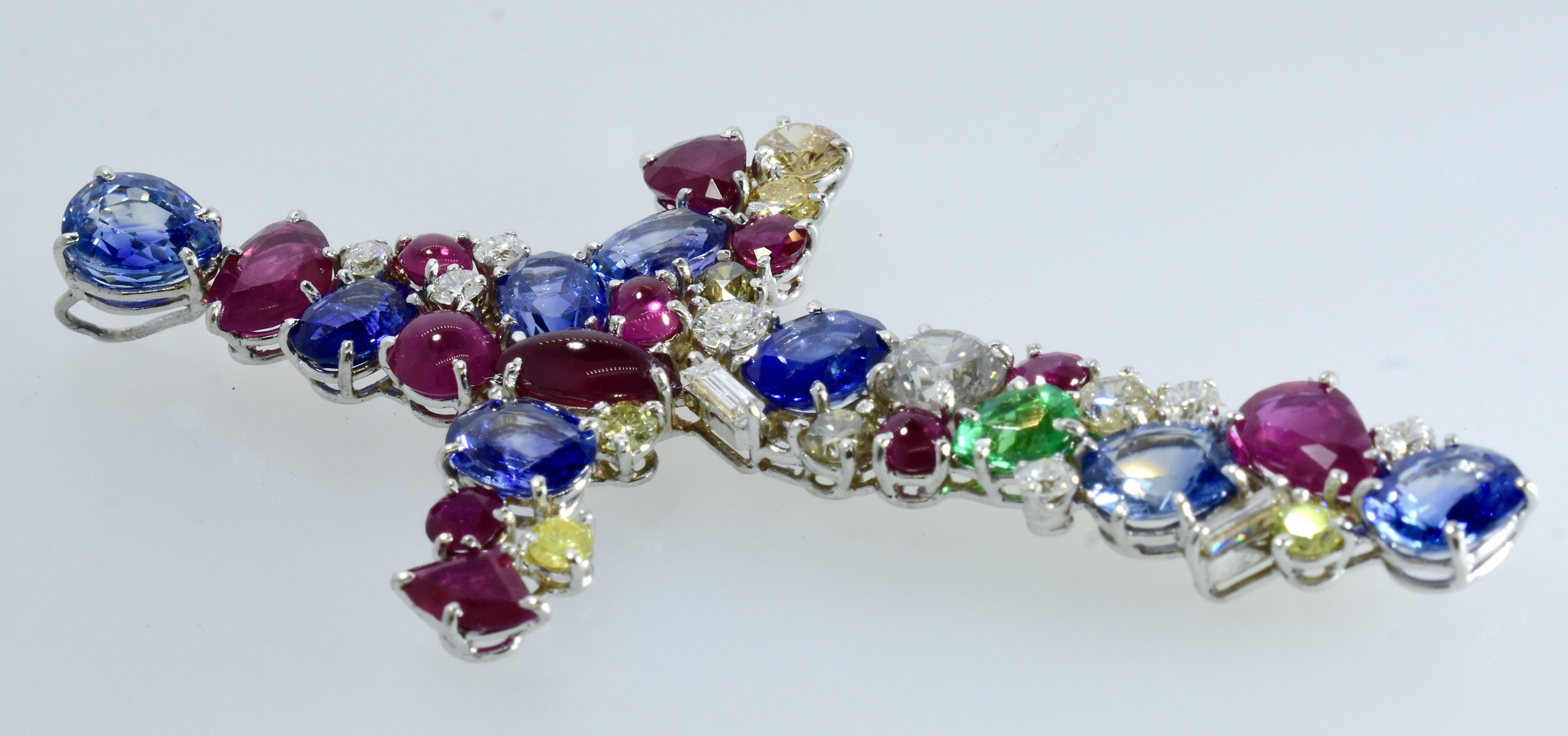 Important Large Sapphire, Diamond, Ruby & Emerald Vintage Cross Pendant, c 1981. For Sale 2