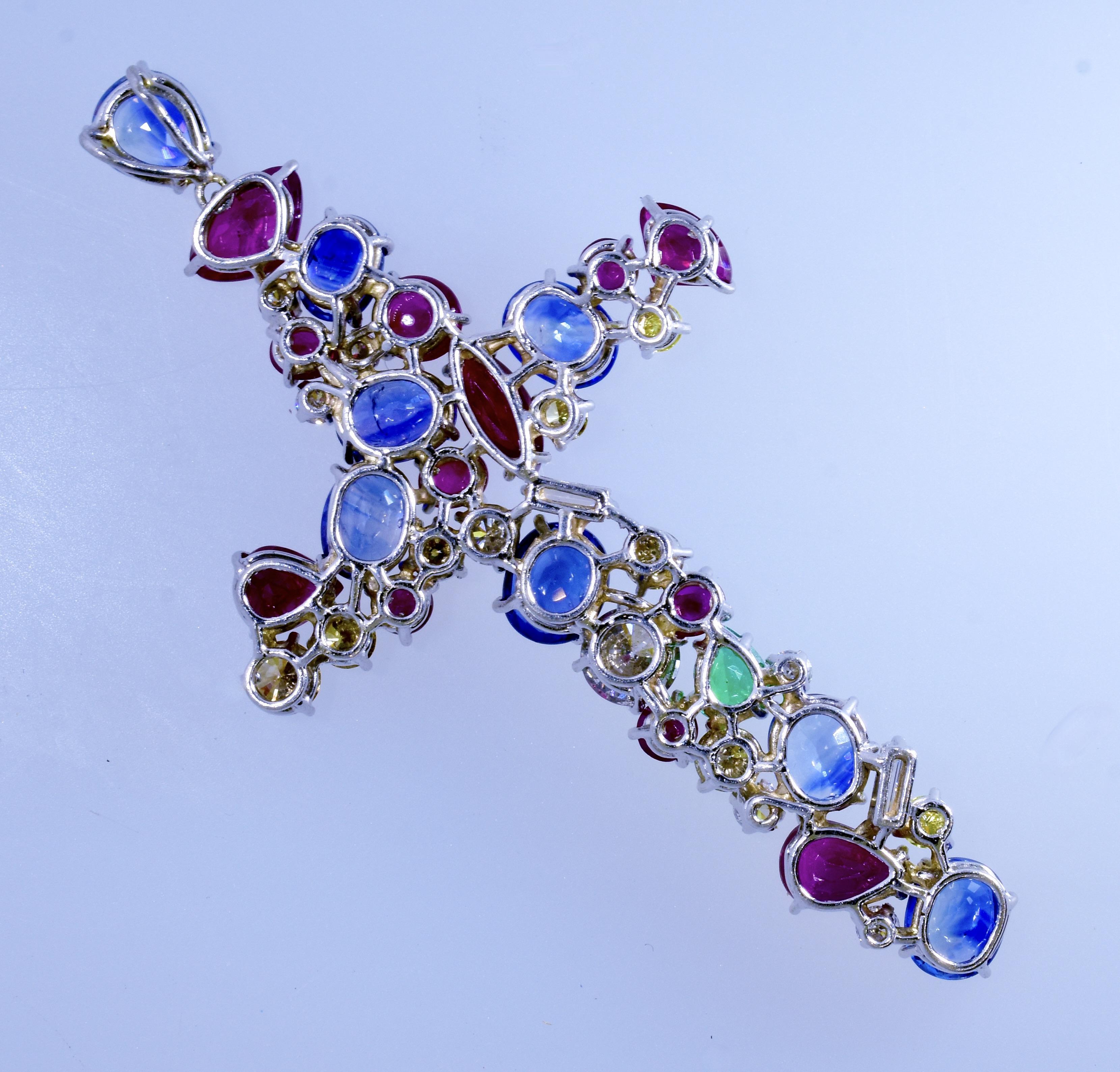 Important Large Sapphire, Diamond, Ruby & Emerald Vintage Cross Pendant, c 1981. For Sale 3