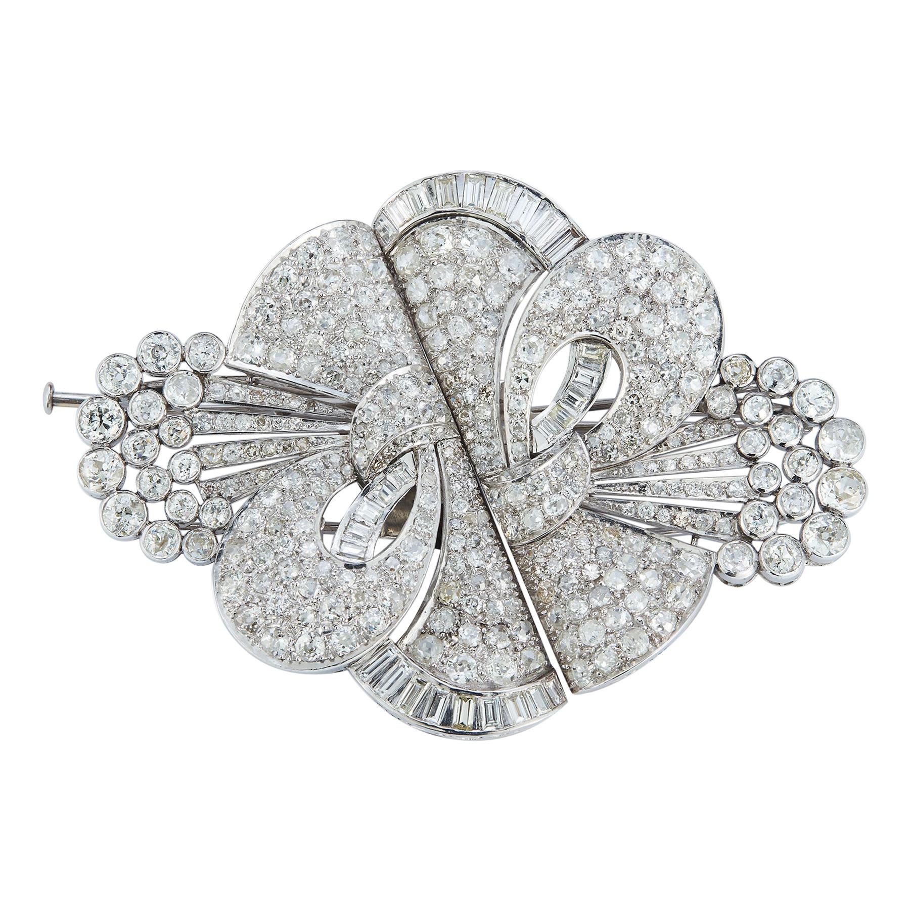 Important Large Size Art Deco Diamond Double Clip Brooch For Sale