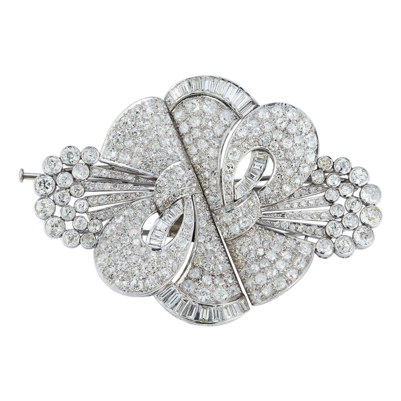 Important Large Size Art Deco Diamond Double Clip Brooch For Sale at ...