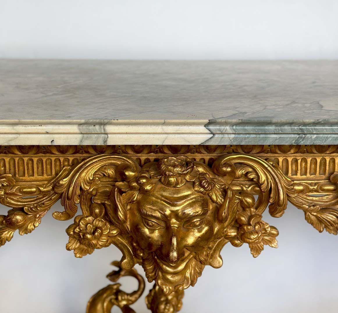 Important Late 19th C. English Neoclassical Giltwood Console Table w/ Marble Top In Good Condition For Sale In Los Angeles, CA