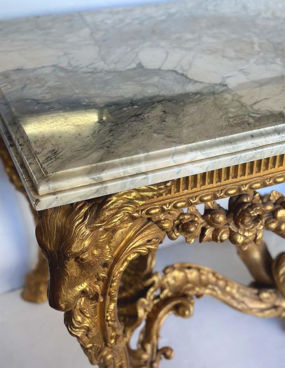 19th Century Important Late 19th C. English Neoclassical Giltwood Console Table w/ Marble Top For Sale