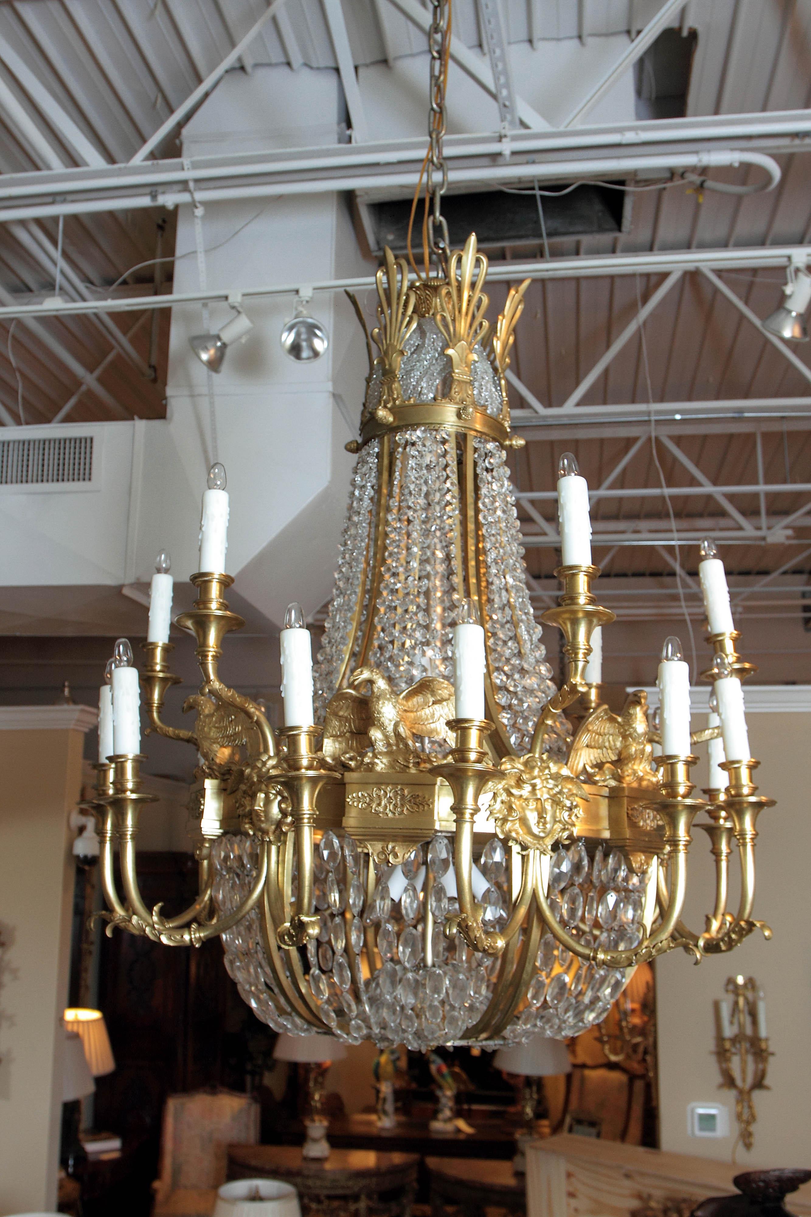 Important late 19th c American Empire Cut Crystal and Bronze Doré Chandelier 7