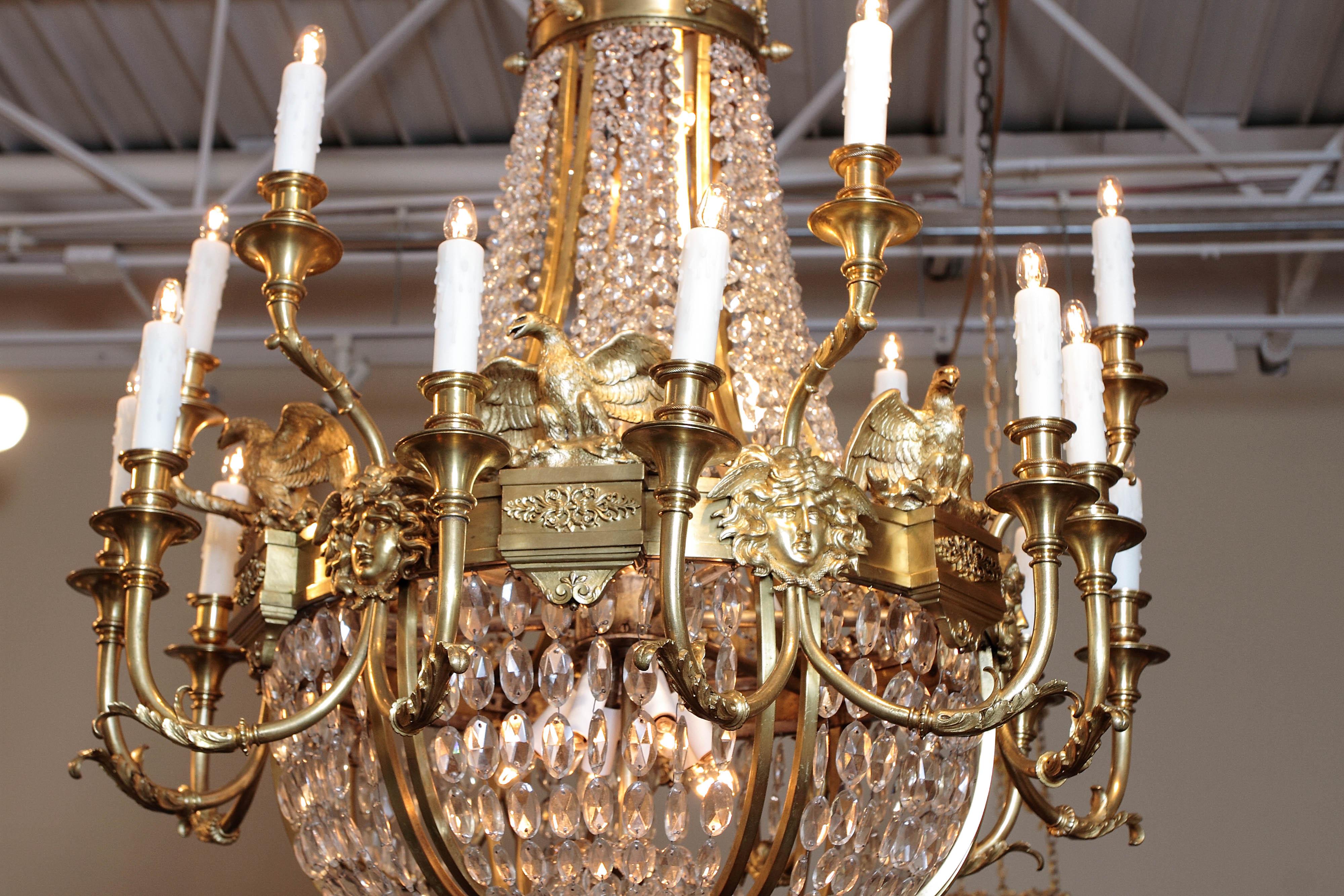French Important late 19th c American Empire Cut Crystal and Bronze Doré Chandelier