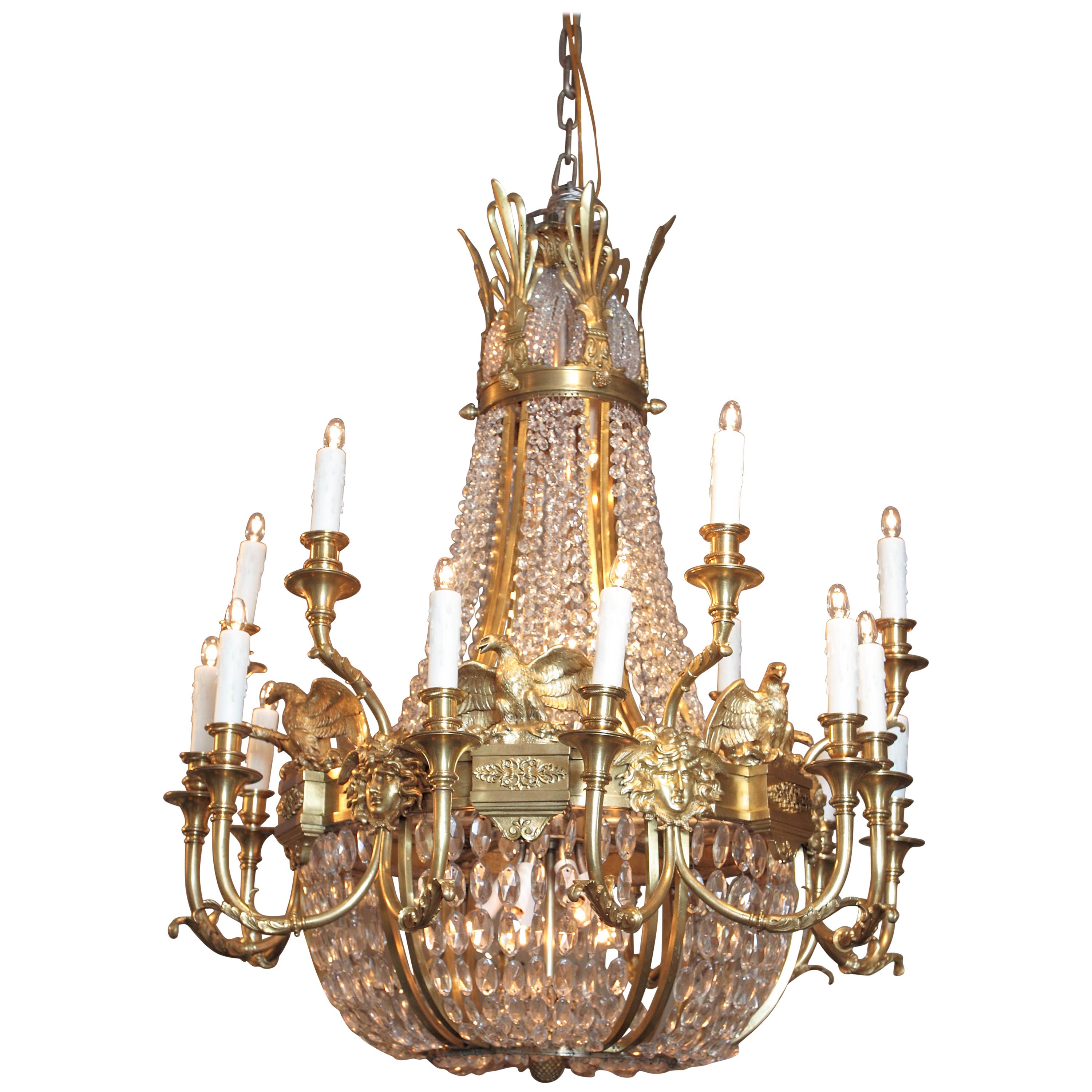 Important late 19th c American Empire Cut Crystal and Bronze Doré Chandelier