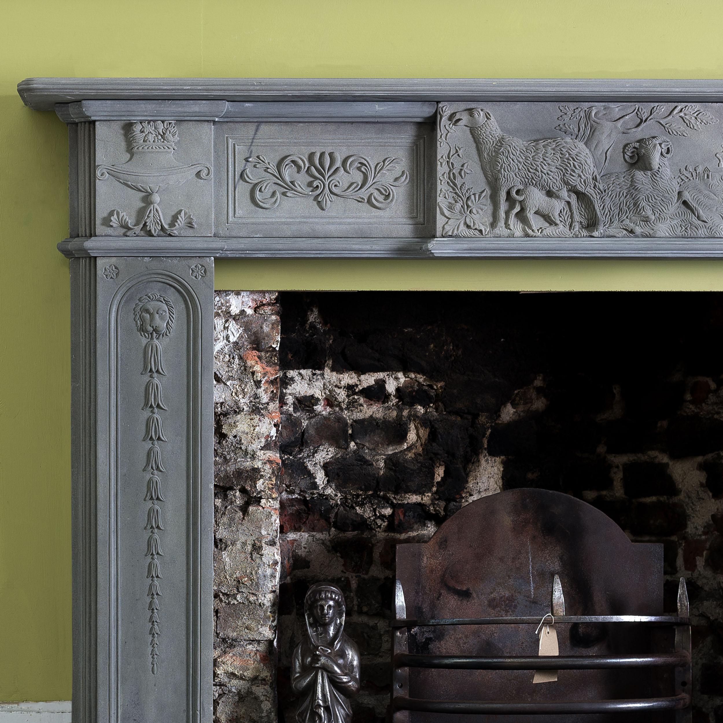 A fine and important late Georgian Scottish stone fireplace,
an innovative transitional design emblematic of the renewed interest in Greek architectural motifs in the late 18 century which would culminate in what is now referred to as the Regency