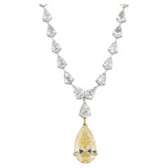 Important Light Yellow Pear Diamond Pendant Necklace 10.6 Carats Total 18K Gold