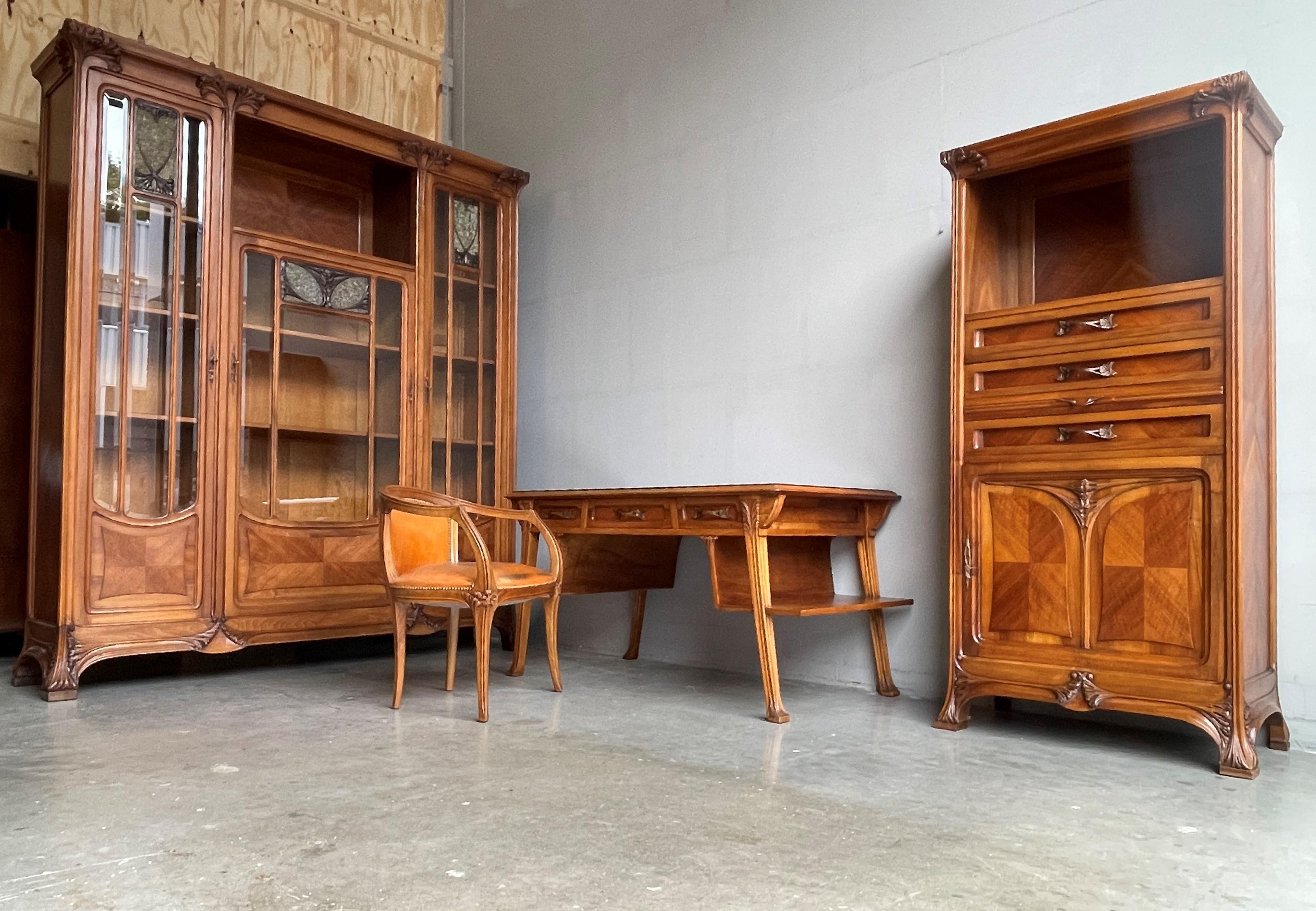 Important Louis Majorelle Art Nouveau Bookcase Desk Desk-Chair & Filing Cabinet For Sale 1