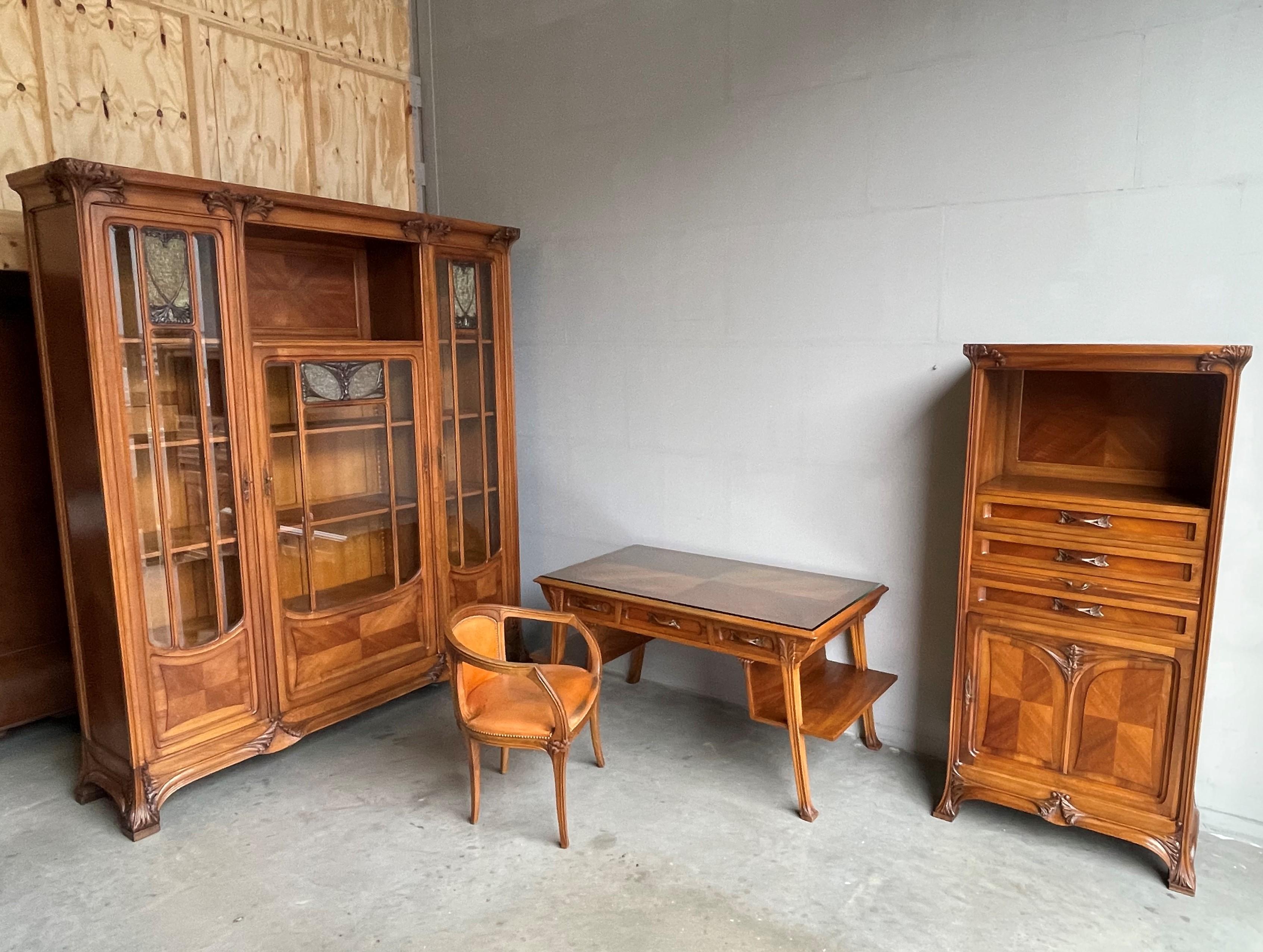 Brass Important Louis Majorelle Art Nouveau Filing Cabinet, Bookcase, Desk and Chair For Sale