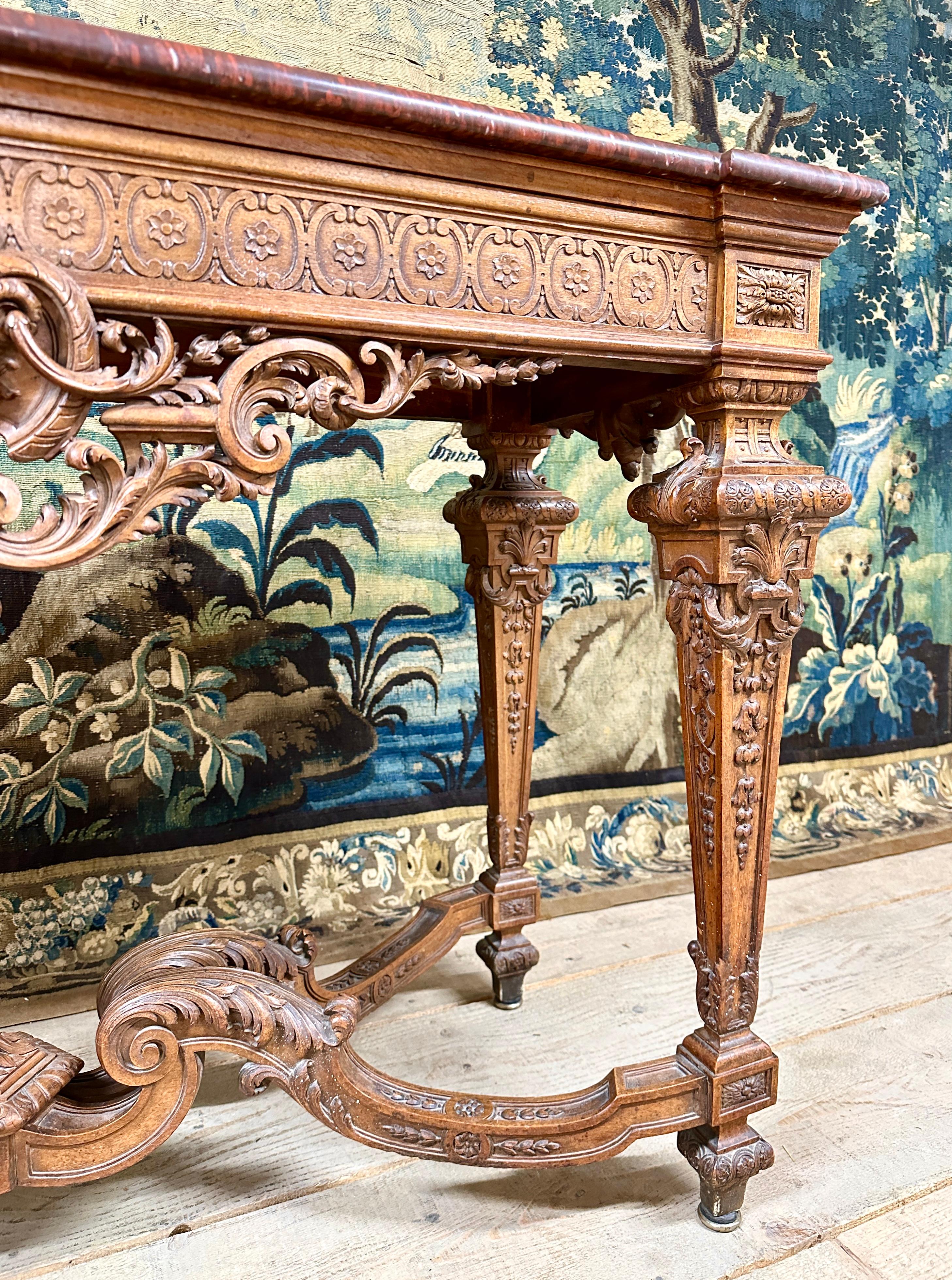 Important Louis XIV Style Console In Carved Walnut, Napoleon III Period For Sale 6
