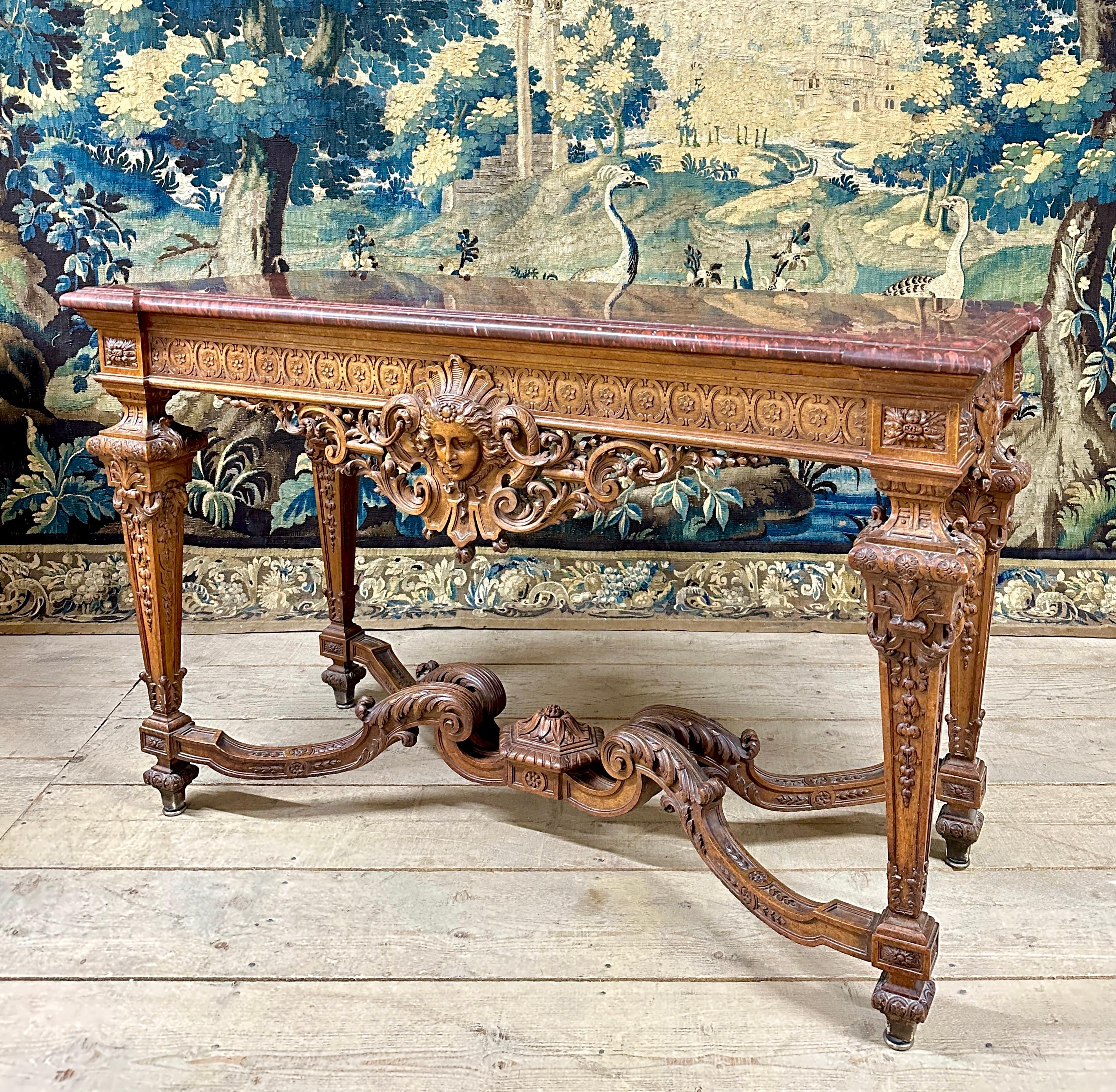 Important Louis XIV Style Console In Carved Walnut, Napoleon III Period In Excellent Condition For Sale In NONANCOURT, FR