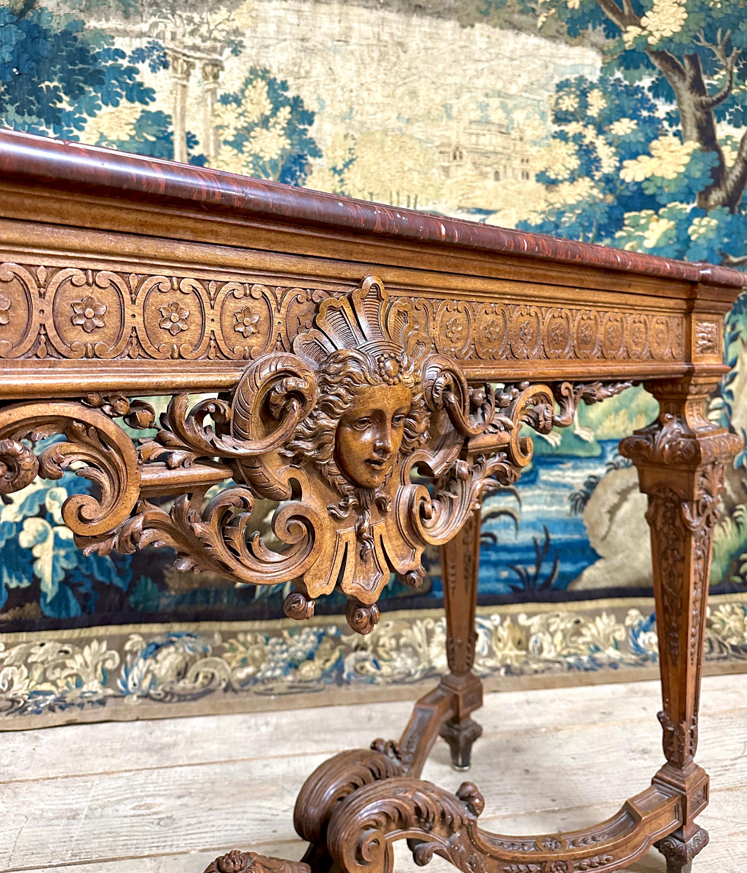 Important Louis XIV Style Console In Carved Walnut, Napoleon III Period For Sale 3