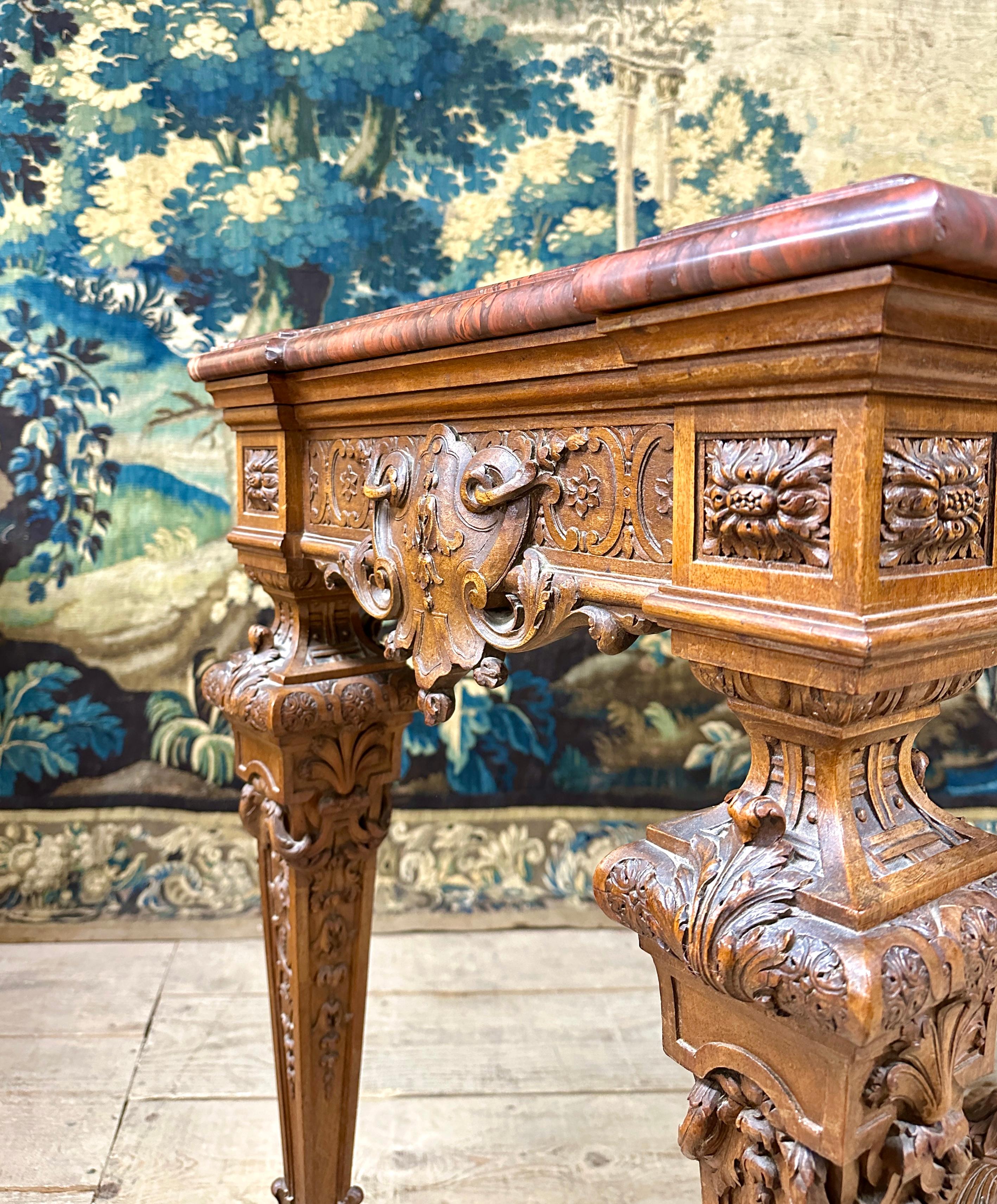 Important Louis XIV Style Console In Carved Walnut, Napoleon III Period For Sale 4