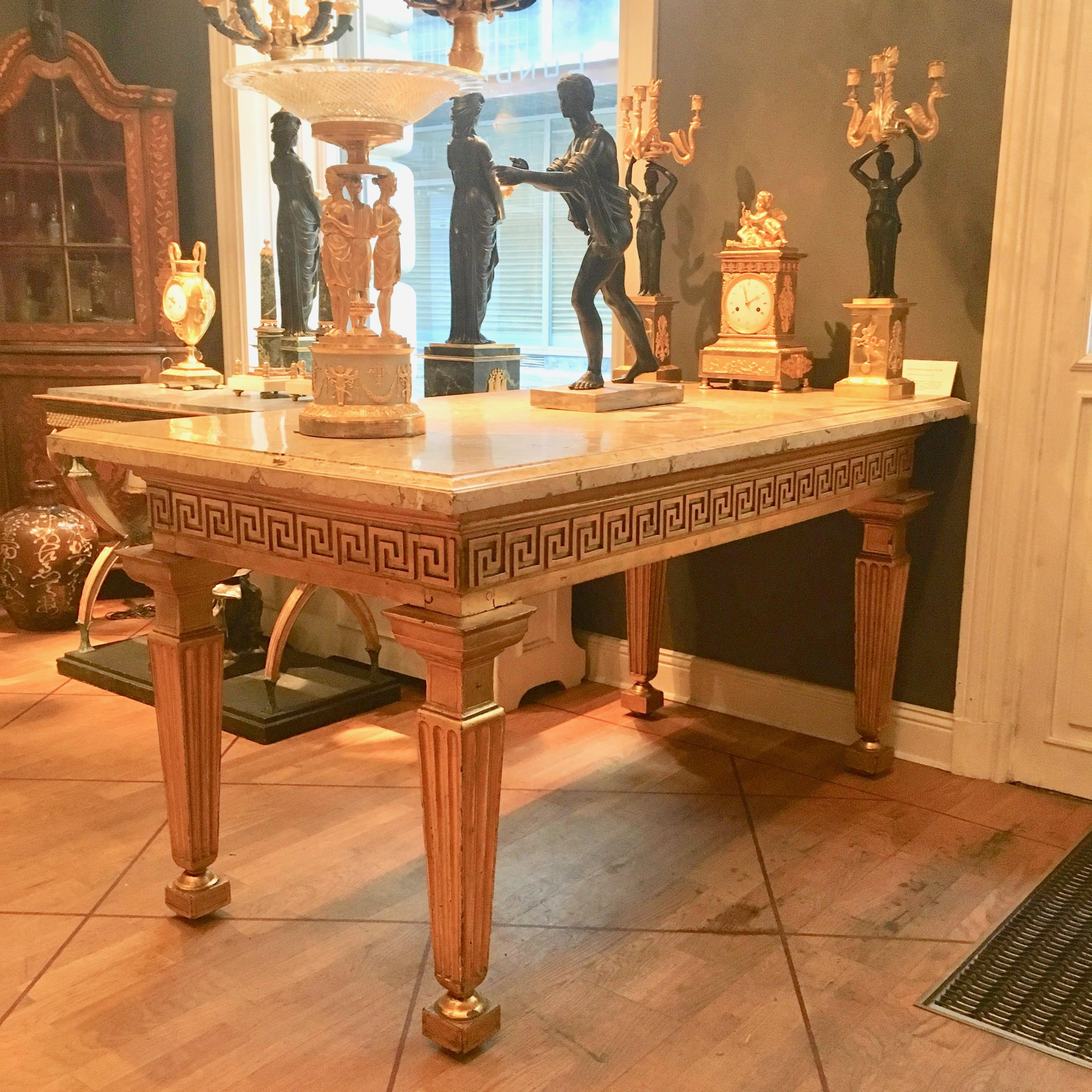 An important Louis XVI period Russian giltwood console or center table with a yellow marble top. The marble probably Russian. 

Provenance:
The Palace in where the Danish Foreign Affairs is situated. This palace was built in 1738 and used to
