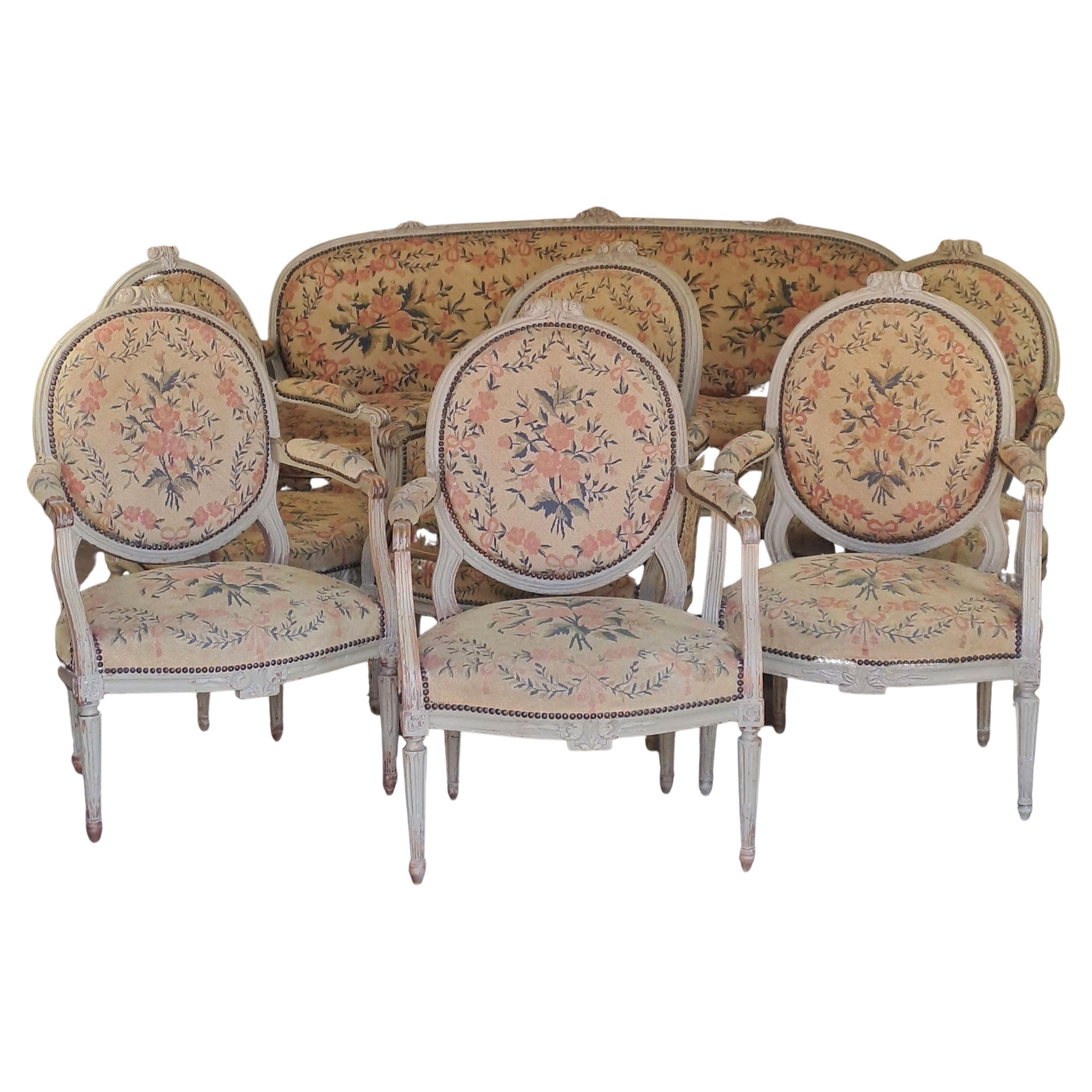 Important Louis XVI Salon in Lacquered Wood and Tapestry, 7 Pieces