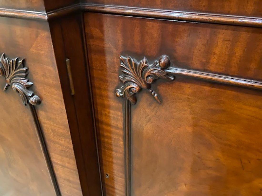 Hand-Carved New English Made Chippendale Style Mahogany Breakfront Bookcase, In Stock   For Sale