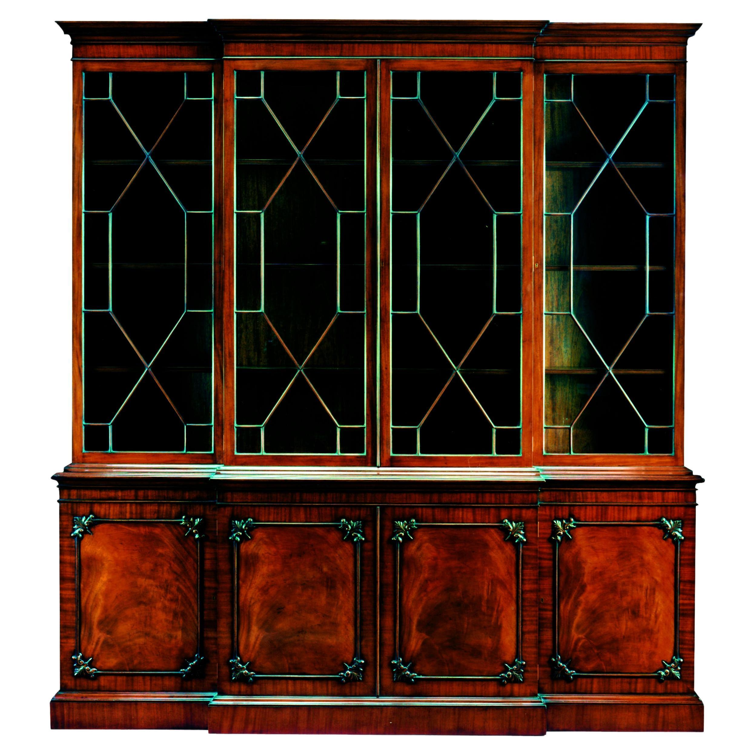 New English Made Chippendale Style Mahogany Breakfront Bookcase, In Stock   For Sale